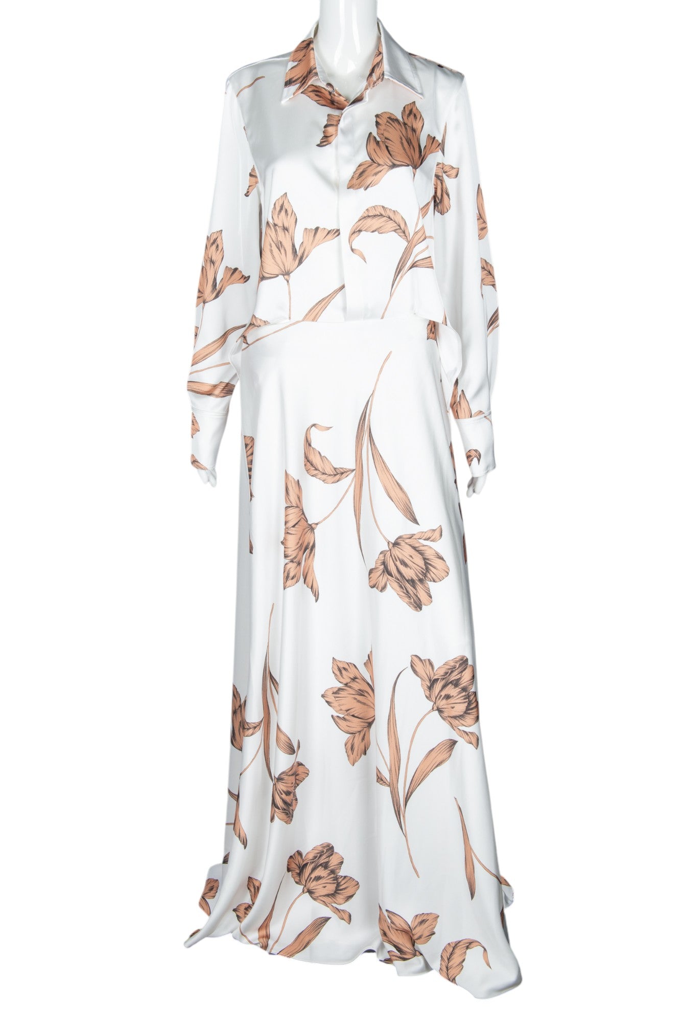 HALSTON White Satin Floral Maxi Dress Size L