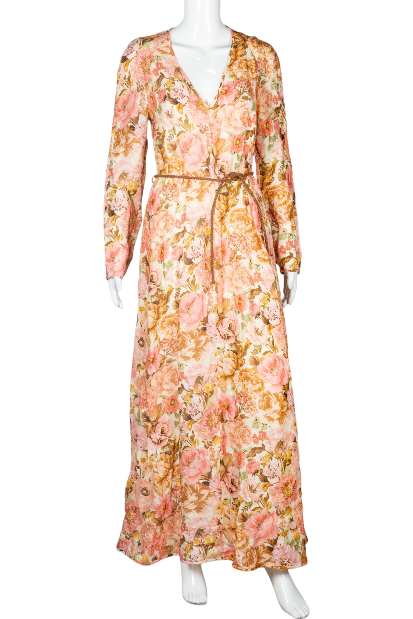 ZIMMERMANN Pink Linen Floral Print Maxi Dress Size M