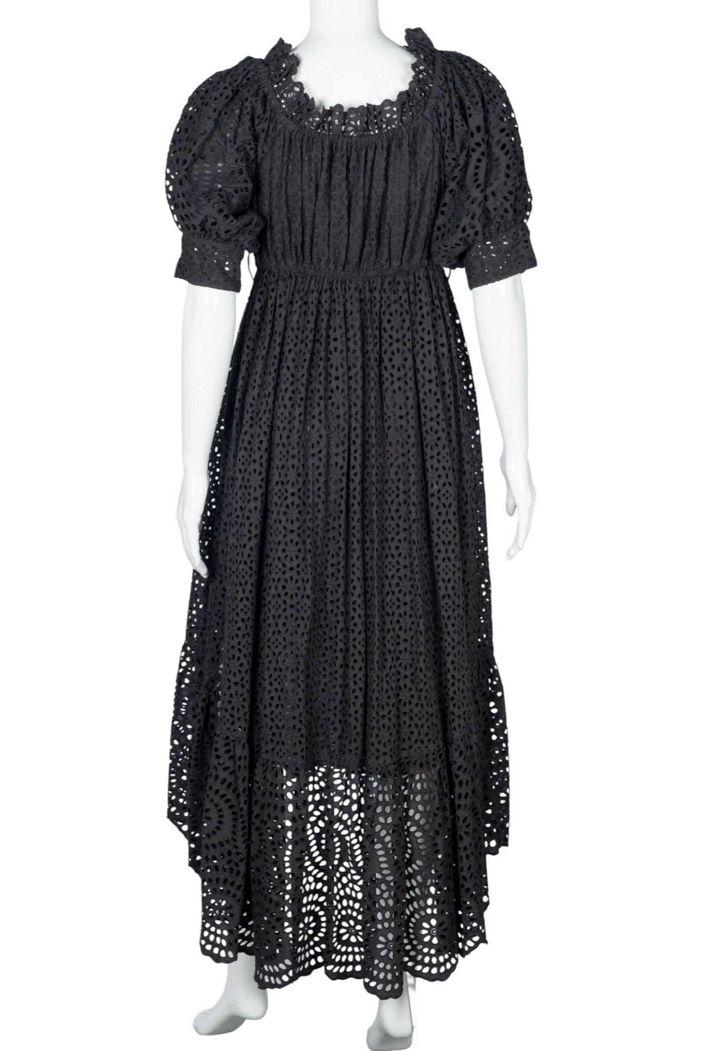 ULLA JOHNSON Black Cotton Lace Eyelet High-Low Midi Dress Size XS