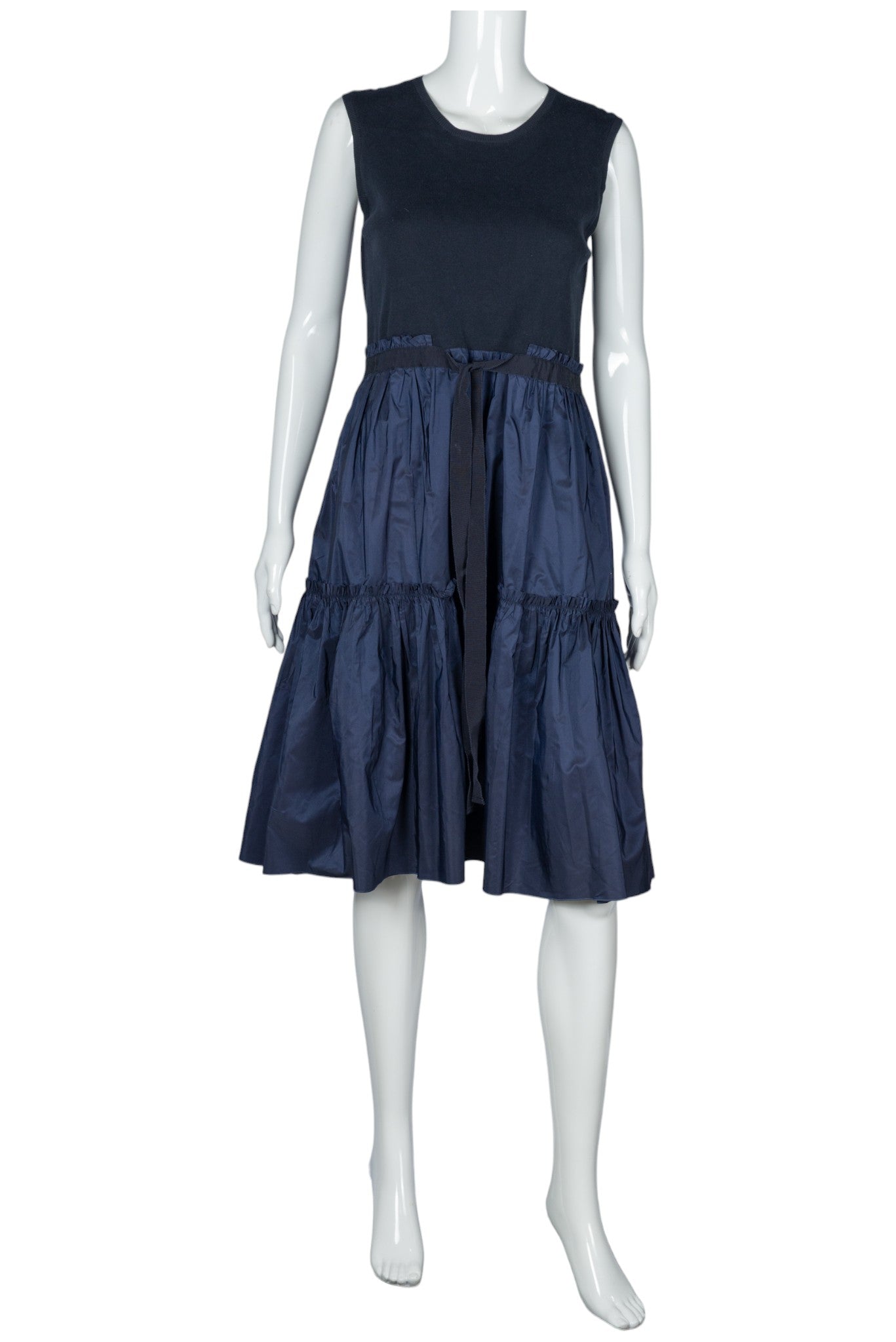 MONCLER Navy Blue Cotton Crew Neck Midi Dress Size M