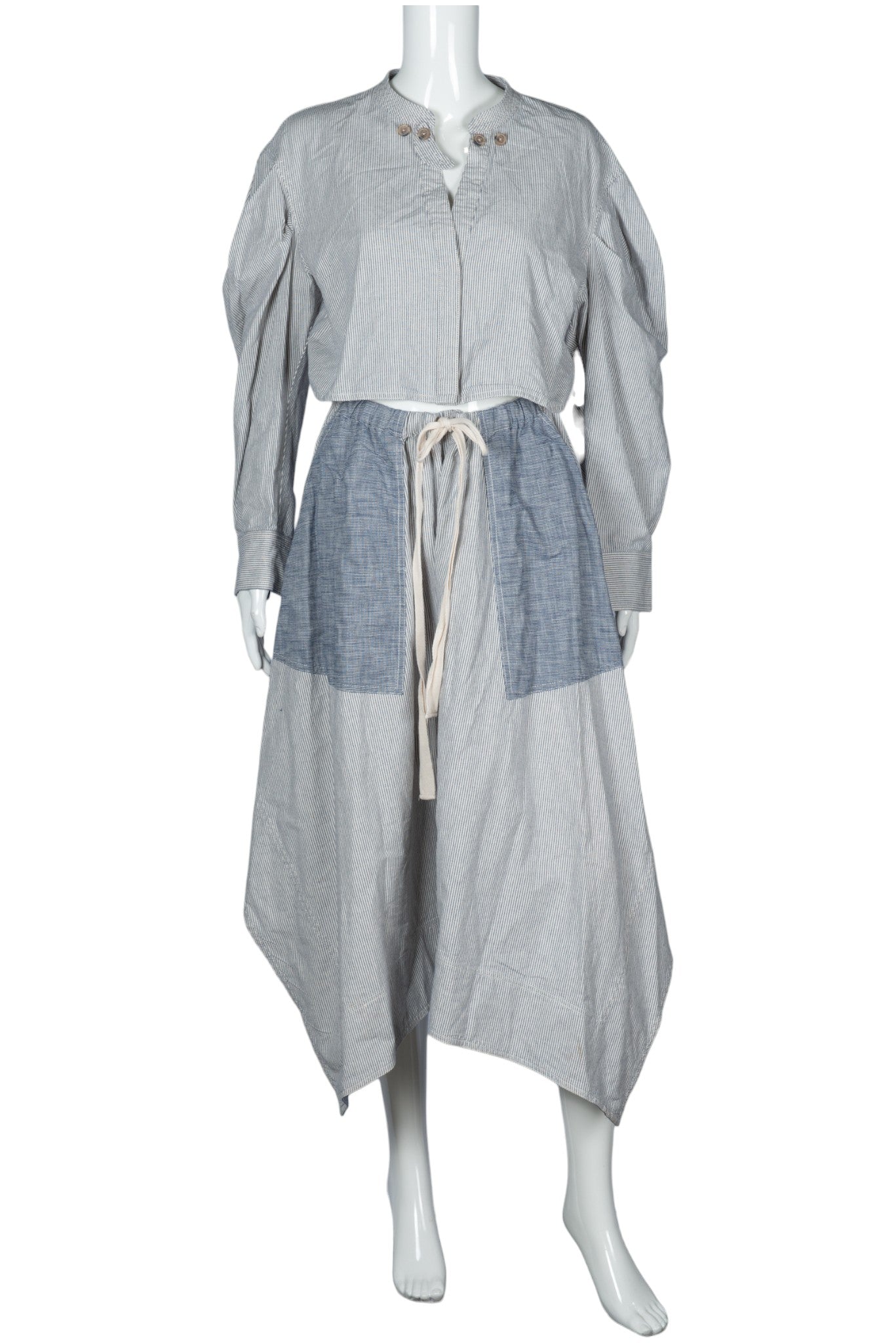 ULLA JOHNSON Blue Cotton Striped Leighton Asymmetric Maxi Dress Size L