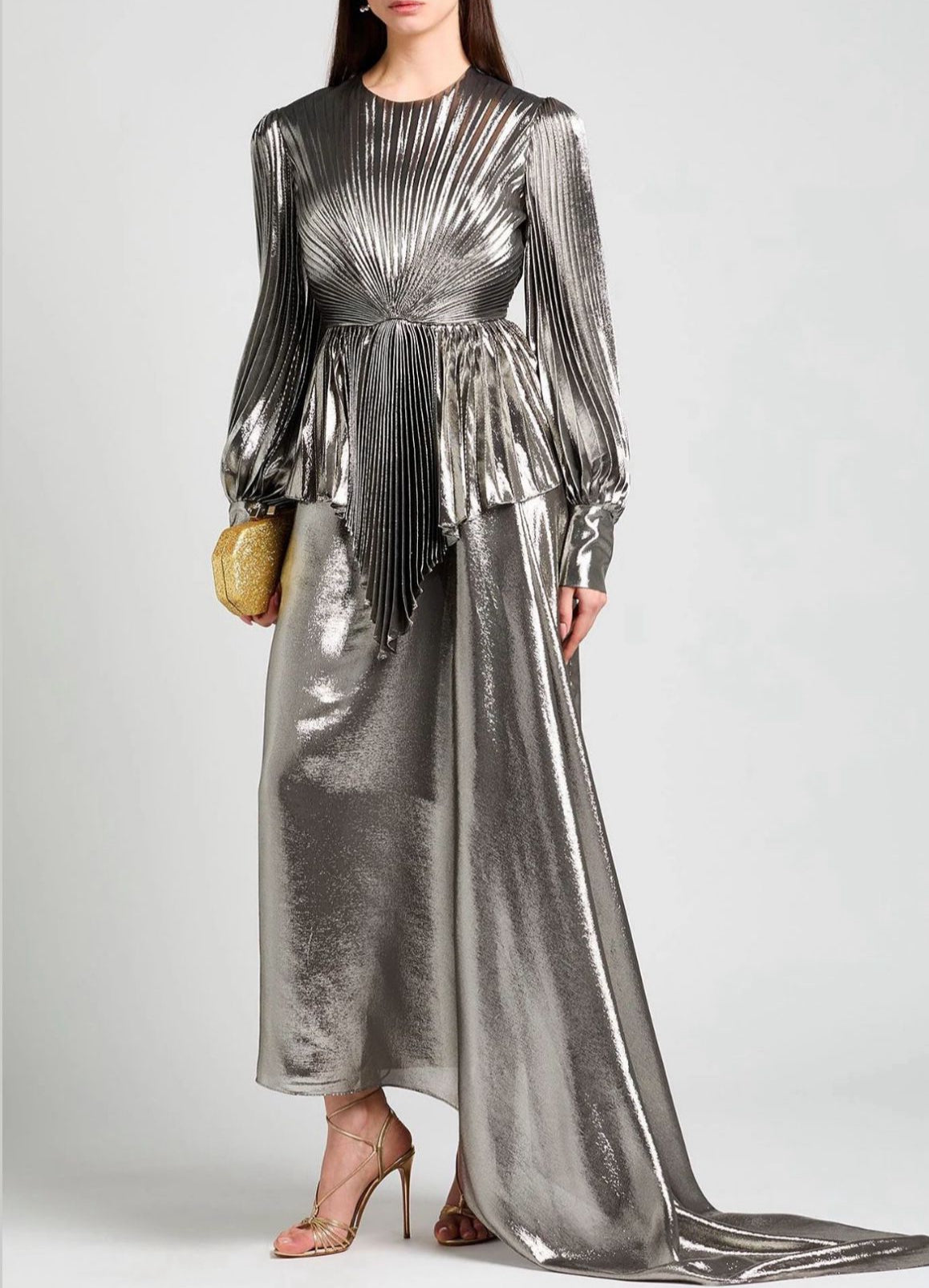 GUCCI Silver Metallic Silk Blend Balloon Sleeve Lamé Gown Size S