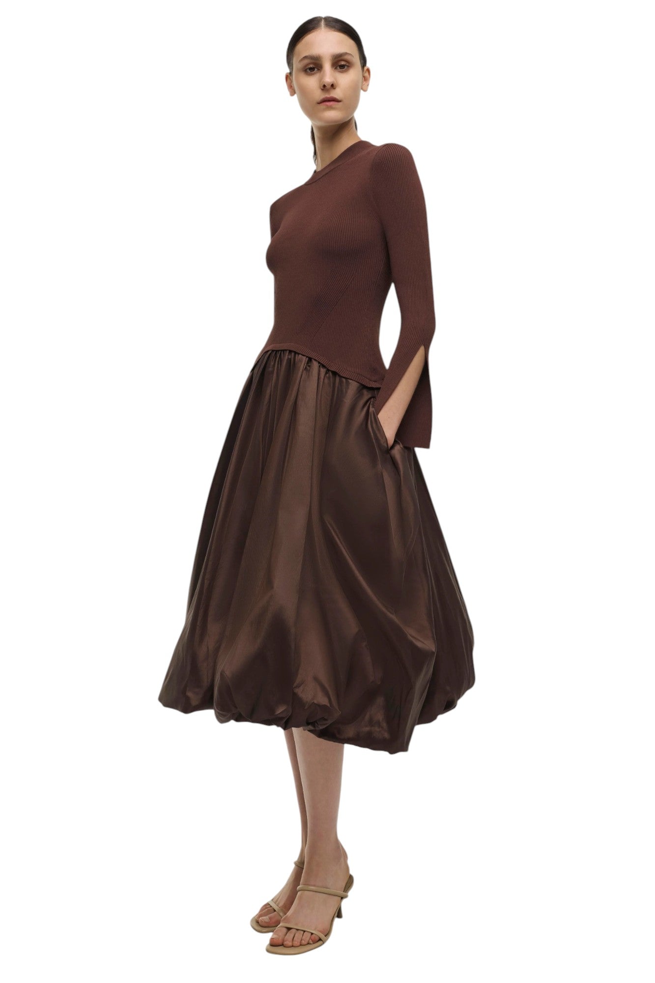SIMKHAI Brown Taffeta Knit Kenlie Midi Dress Size S