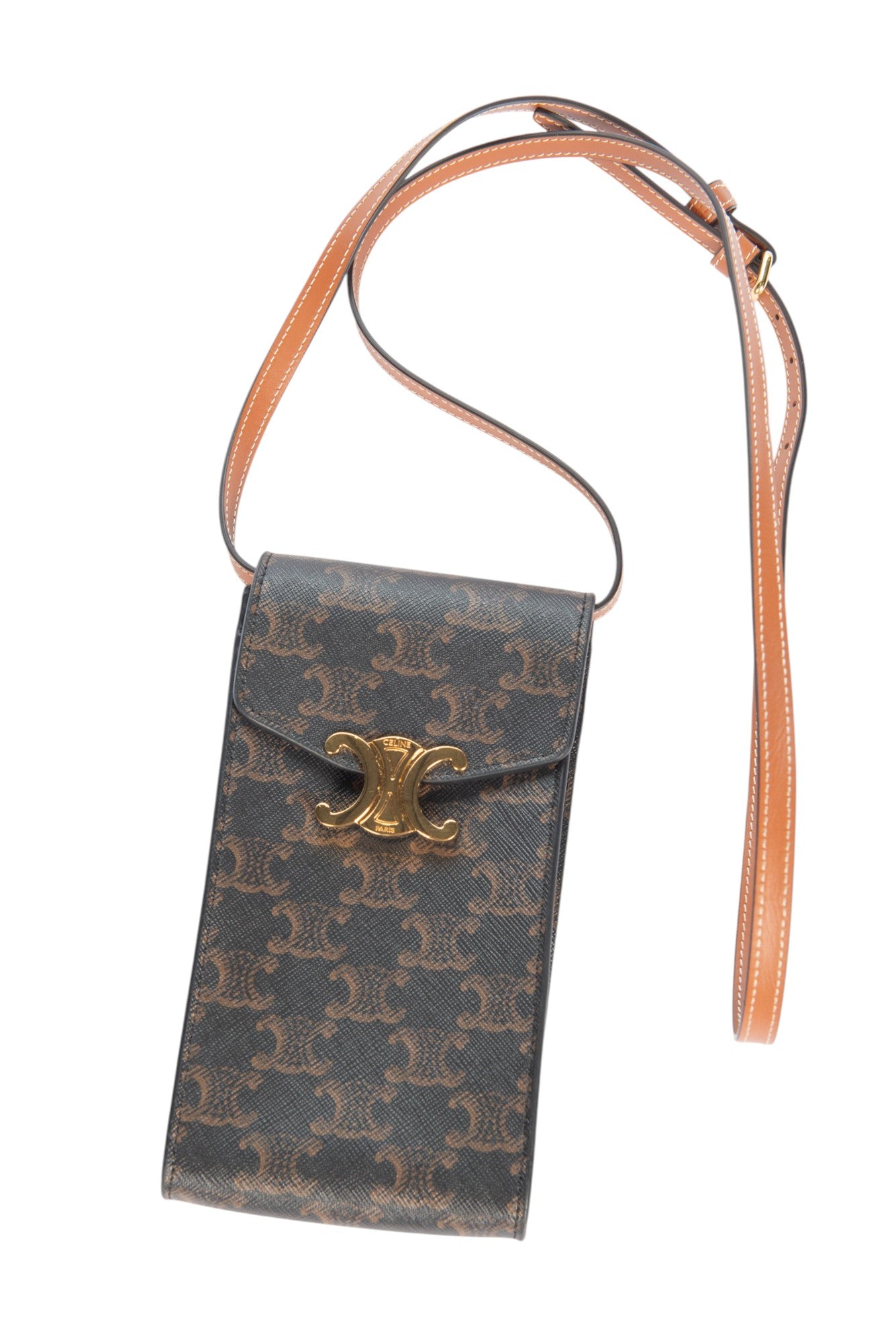 CELINE Brown Leather Canvas Triomphe Crossbody Bag