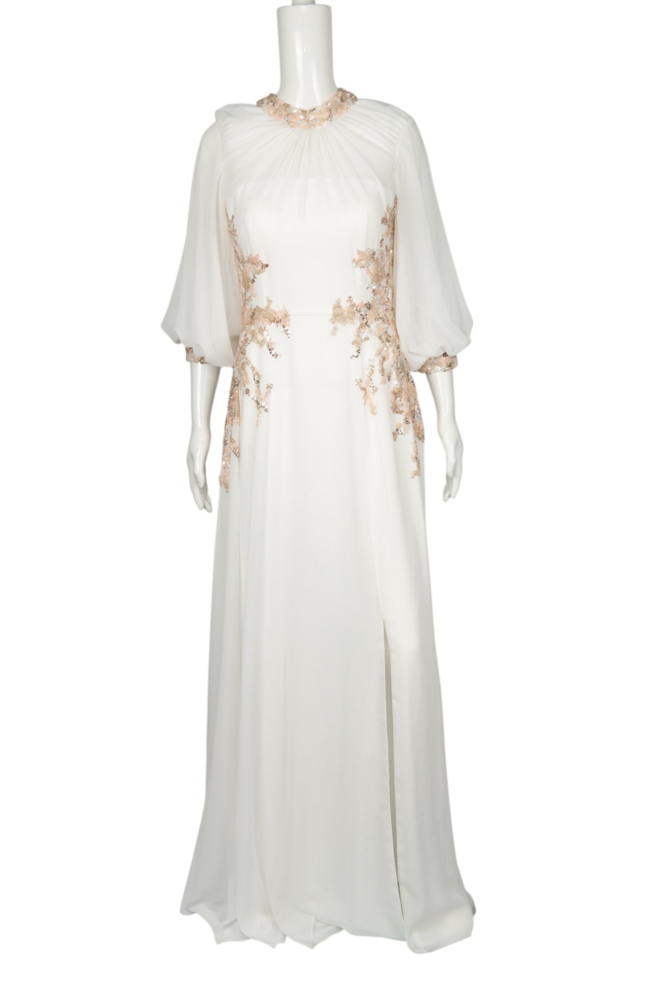 SAIID KOBEISY White Crepe Georgette Beaded Gown Size M