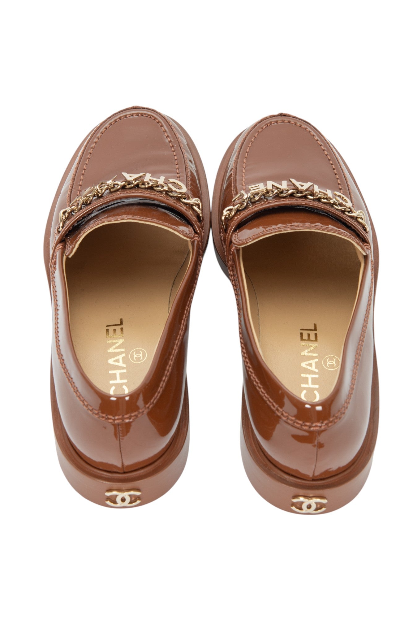 CHANEL Brown Patent Leather CC Logo Loafers Size 37.5 US 7.5