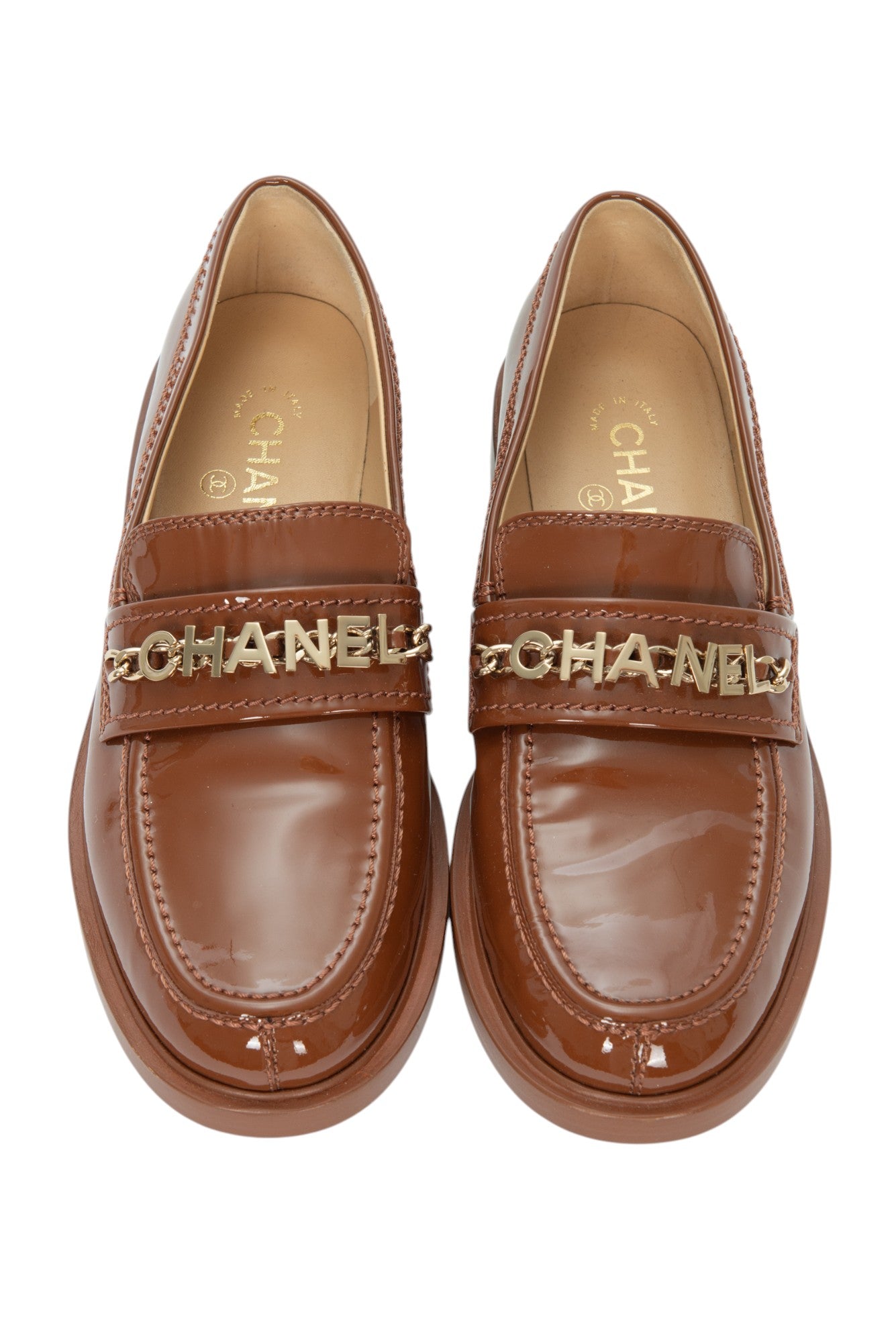 CHANEL Brown Patent Leather CC Logo Loafers Size 37.5 US 7.5