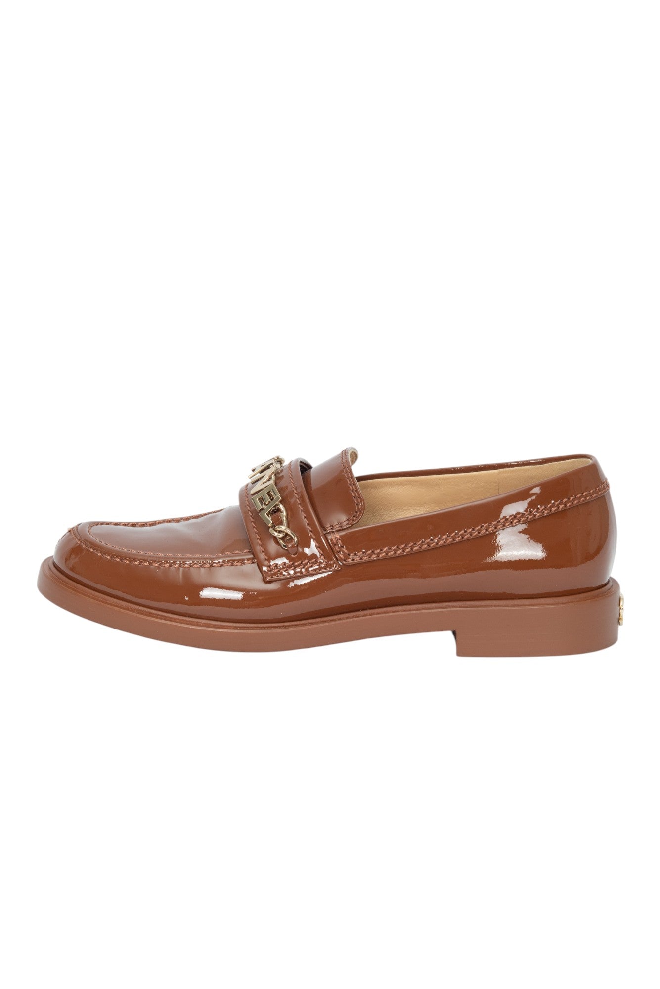 CHANEL Brown Patent Leather CC Logo Loafers Size 37.5 US 7.5