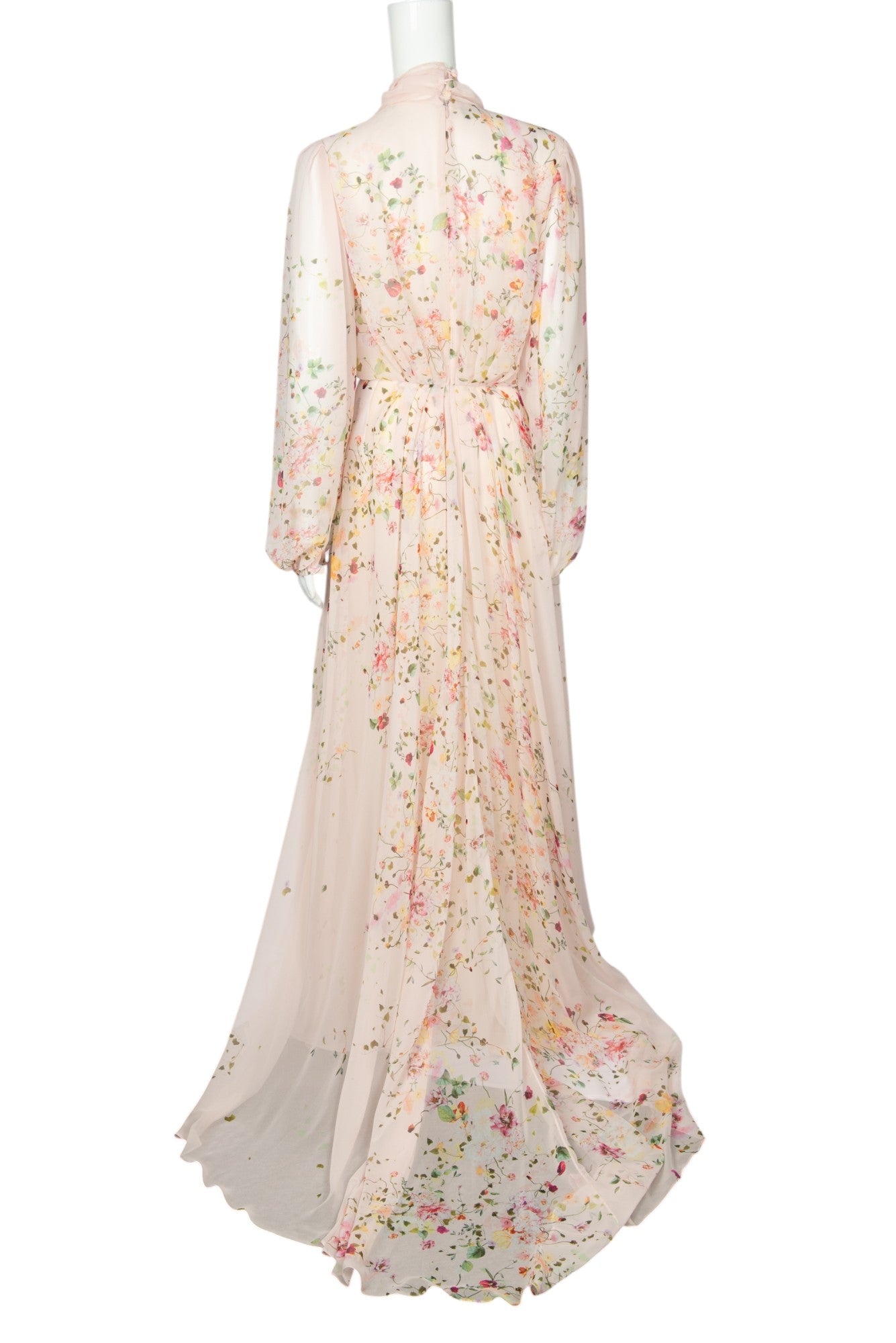 MONIQUE LHUILLIER Pink Chiffon Floral Print Maxi Dress Gown Size M