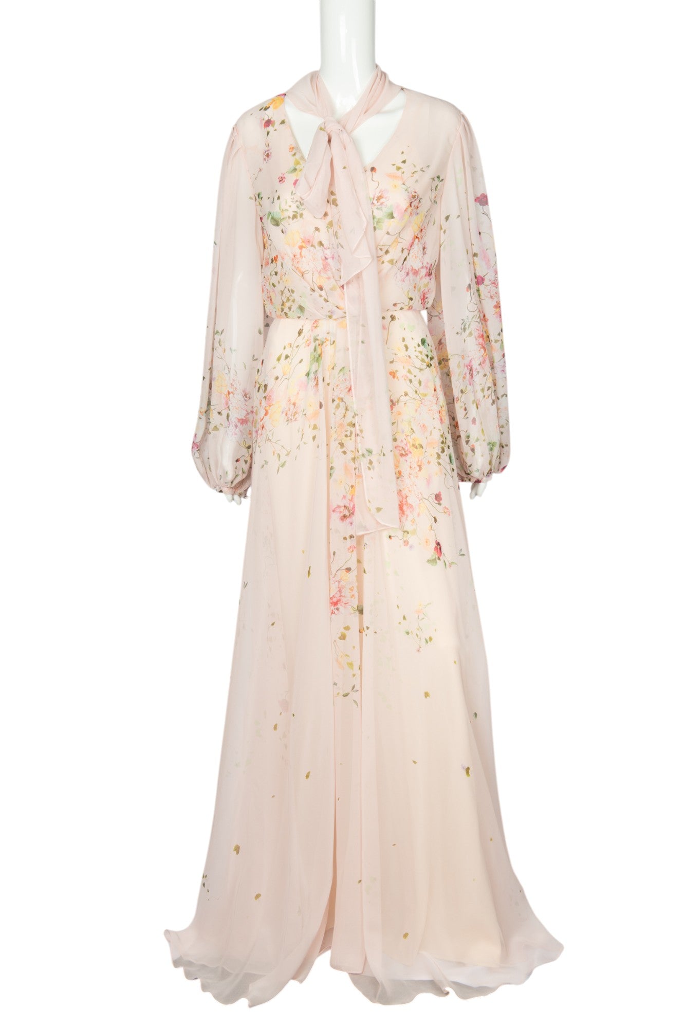 MONIQUE LHUILLIER Pink Chiffon Floral Print Maxi Dress Gown Size M