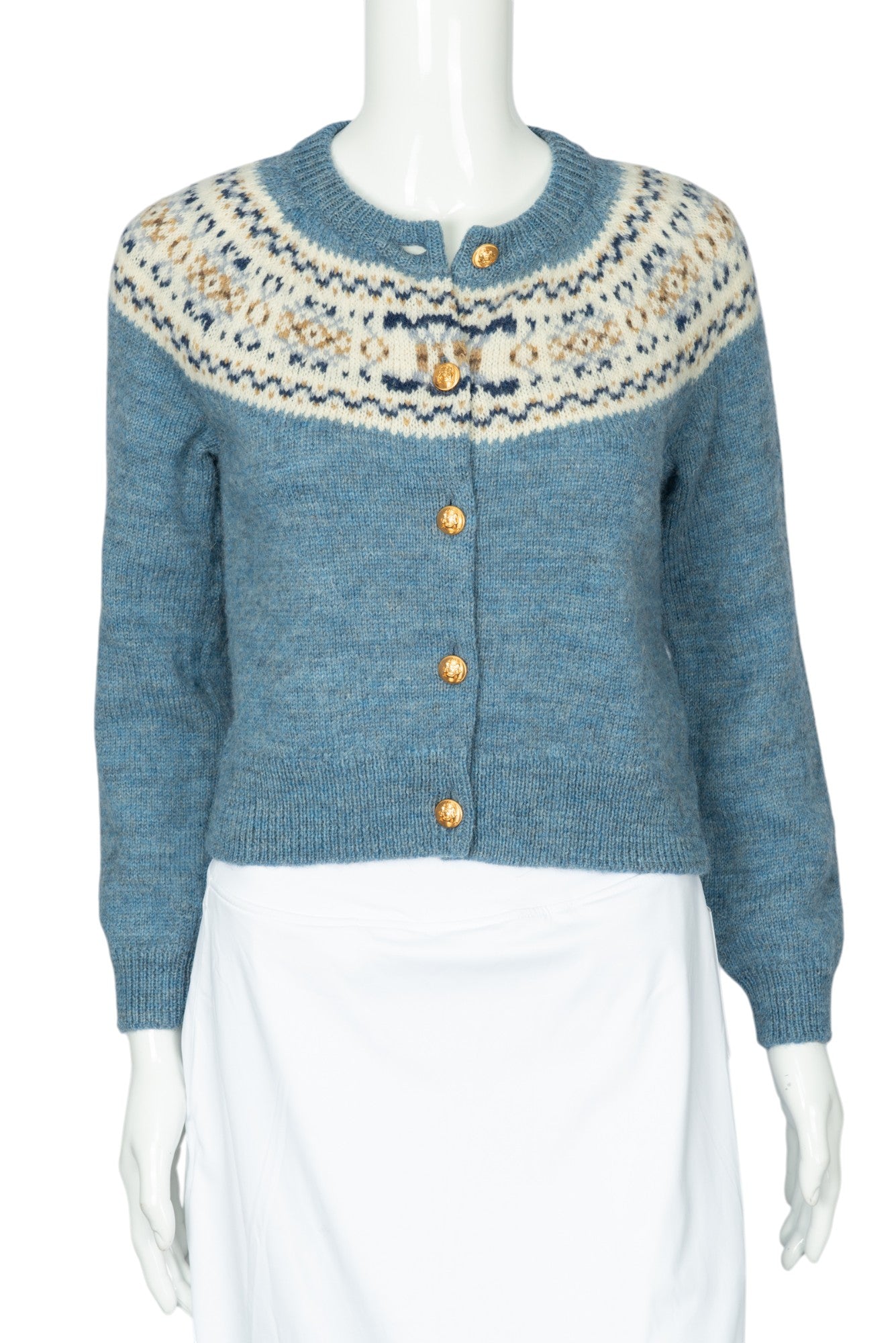 CELINE Blue Wool Printed Cardigan Sweater Size XS