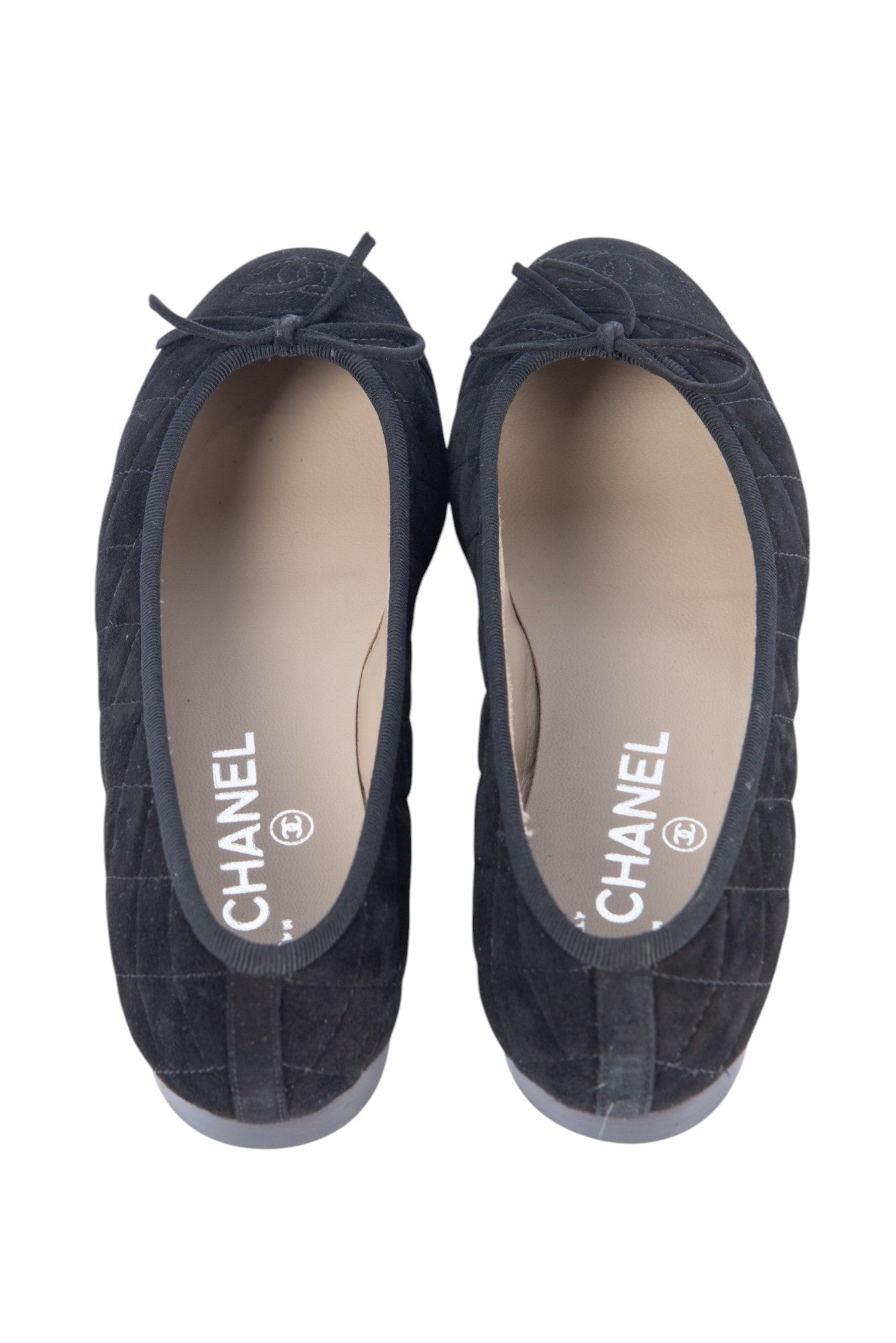 CHANEL Black Suede Quilted CC Logo Ballet Flats Size 37.5