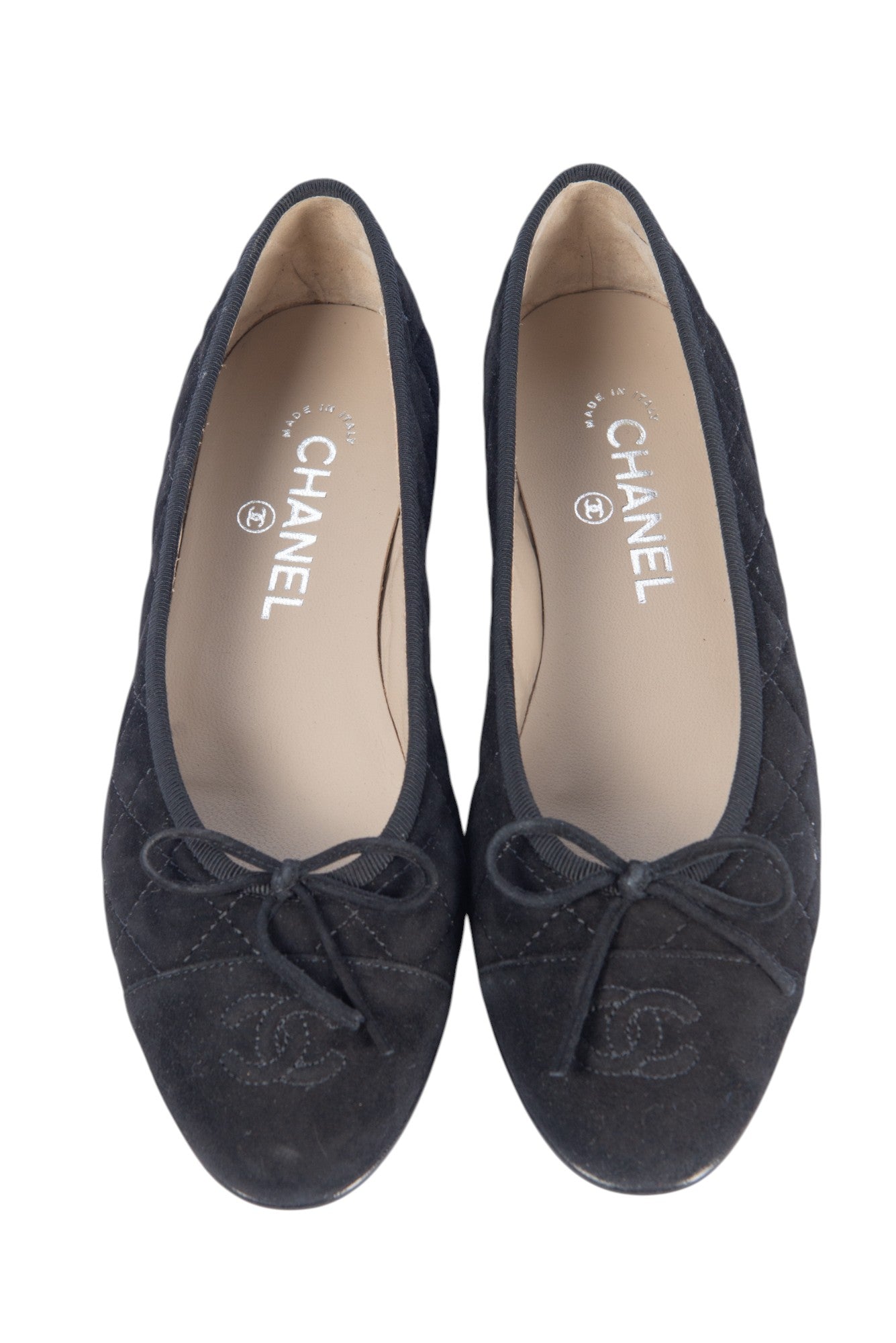 CHANEL Black Suede Quilted CC Logo Ballet Flats Size 37.5