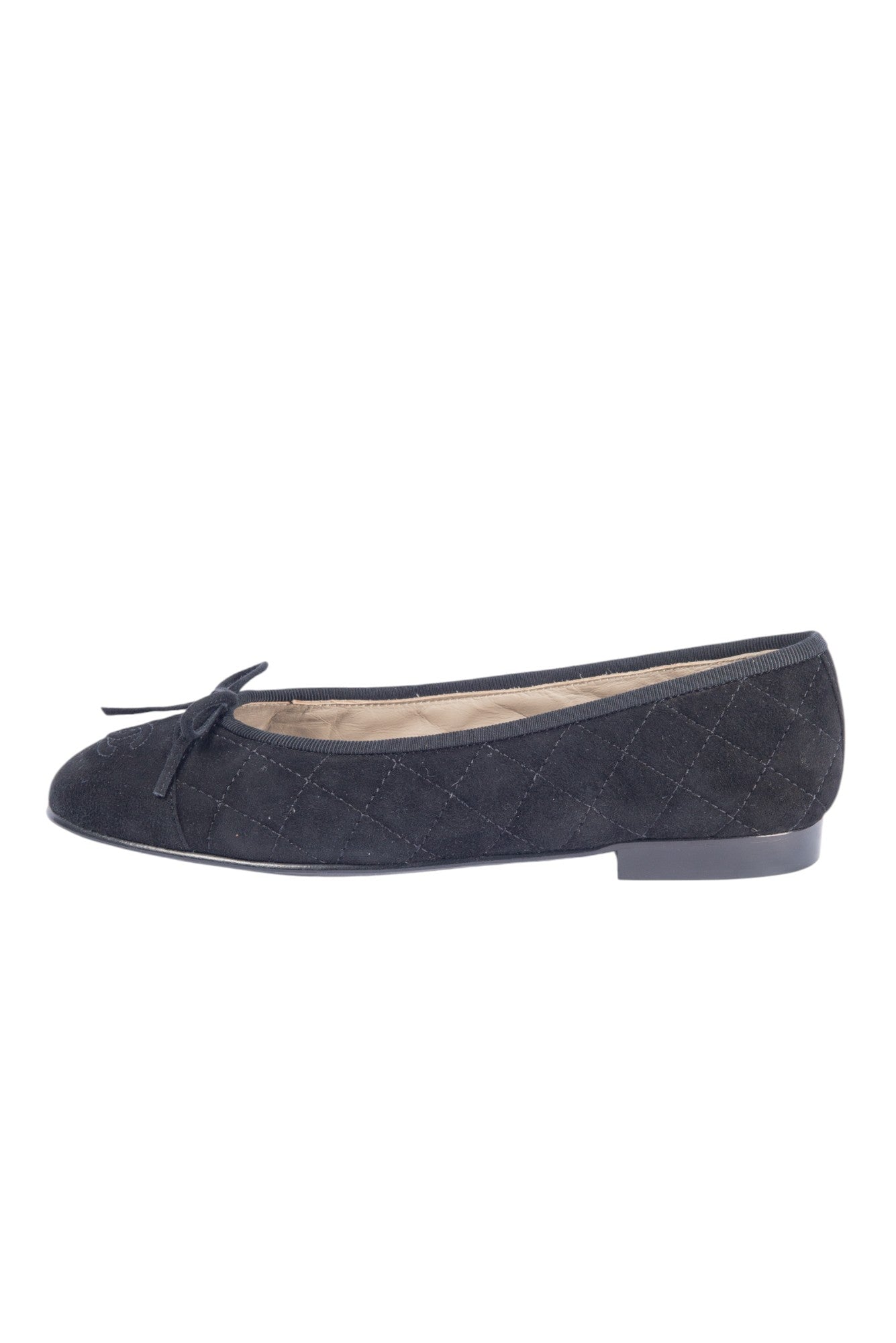 CHANEL Black Suede Quilted CC Logo Ballet Flats Size 37.5