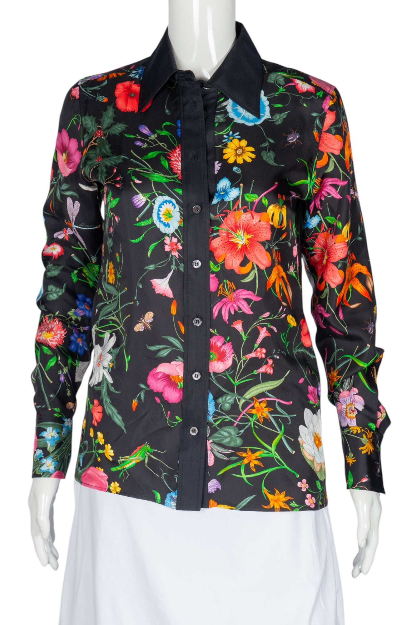 GUCCI Black Silk Floral Print Button-Up Top Size XS