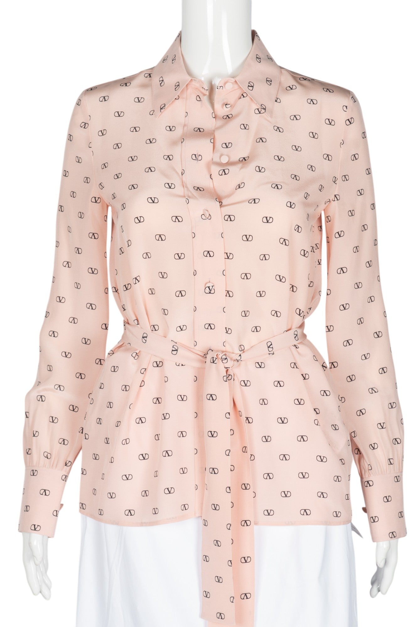 VALENTINO Pink Silk V Monogram Button-Up Top Size XS
