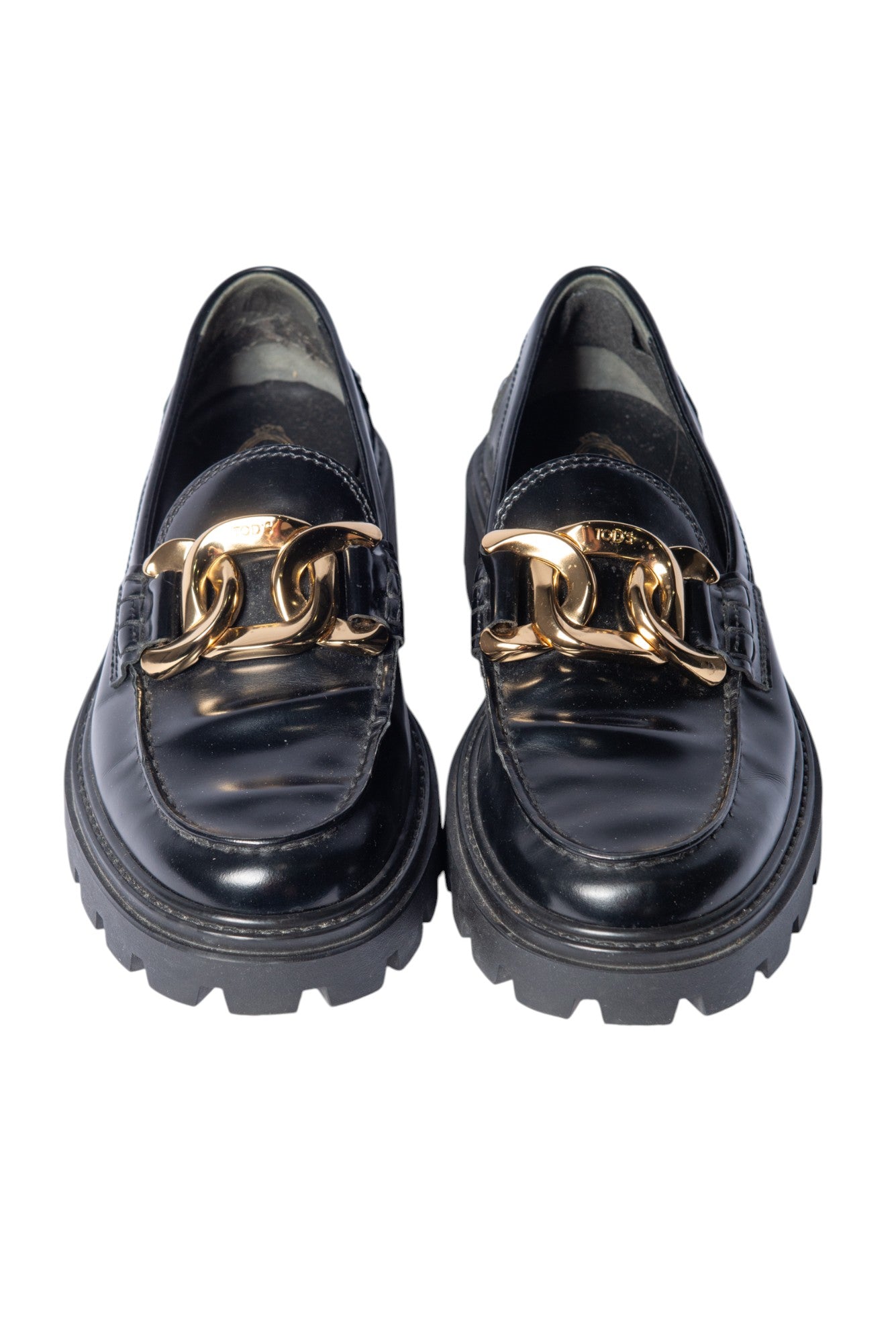 TOD’S Black Leather Kate Chain Lug Loafers Size 37.5
