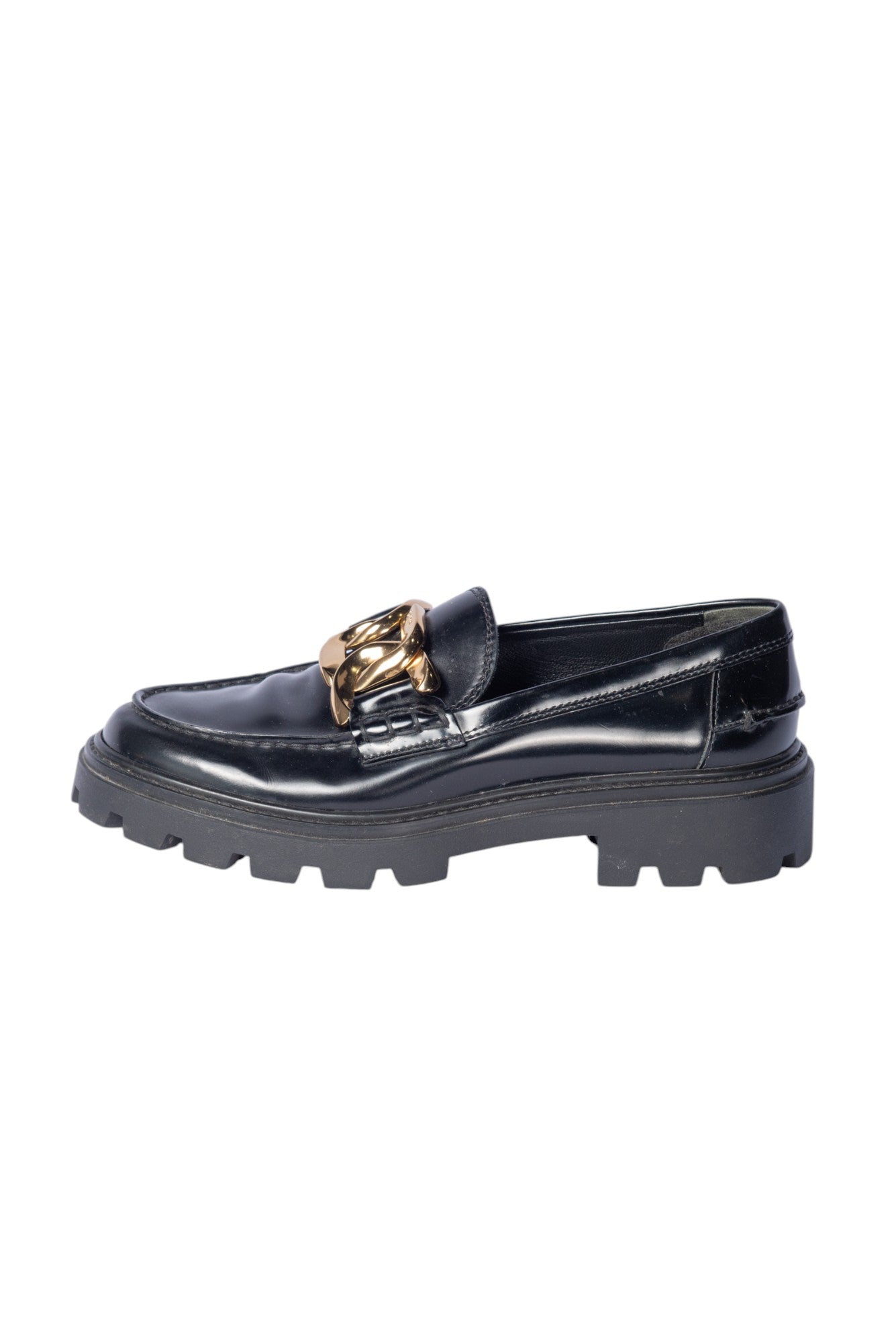 TOD’S Black Leather Kate Chain Lug Loafers Size 37.5