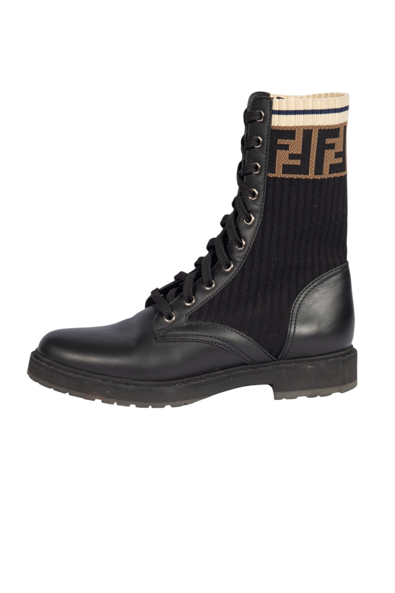 FENDI Zucca FF Logo Leather Combat Boots 8.5
