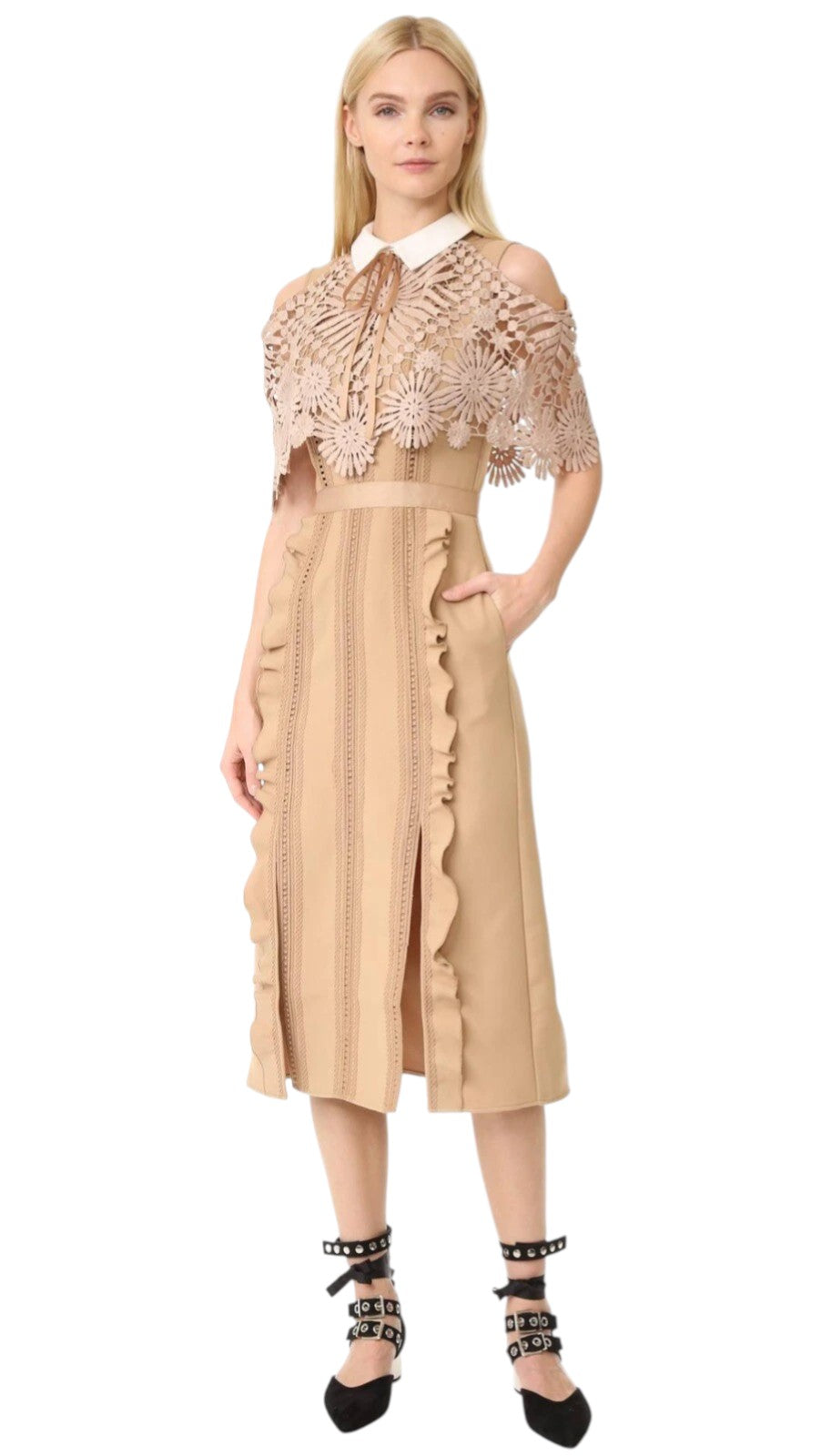 SELF-PORTRAIT Beige Crepe Lace Midi Dress Size 6