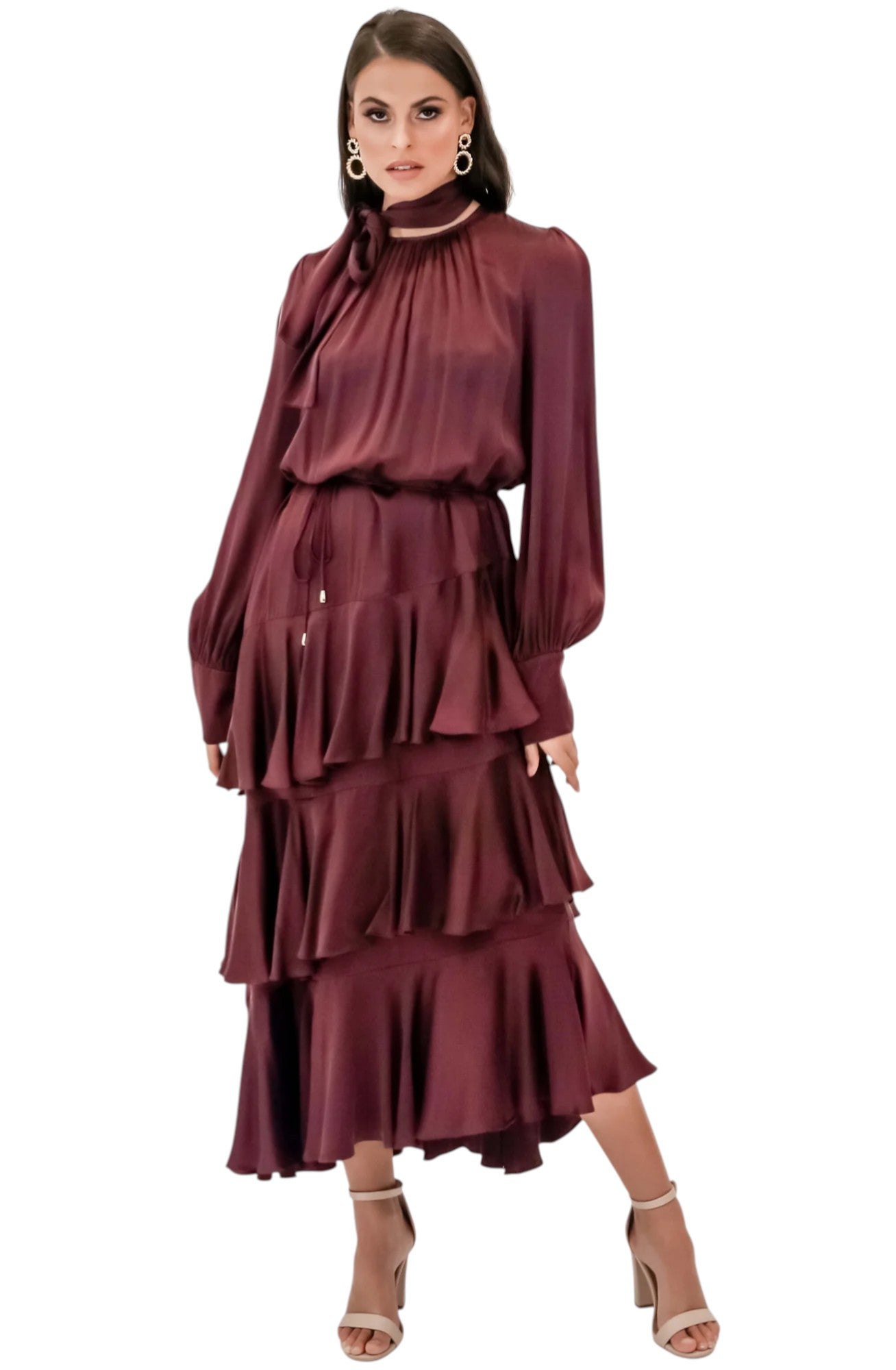 ZIMMERMANN Burgundy Silk Flounce Midi Dress Size S