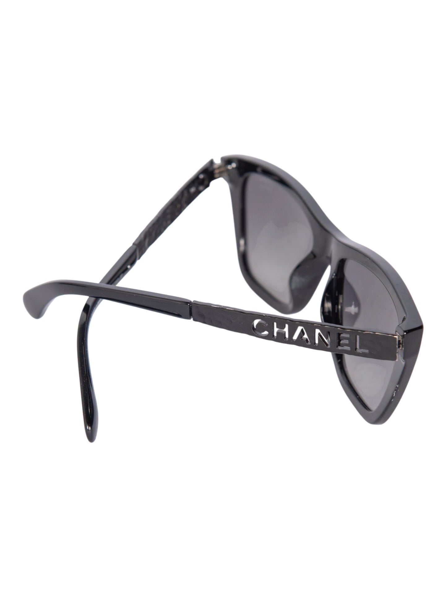CHANEL Black Acetate Rectangular Logo Polarized Sunglasses
