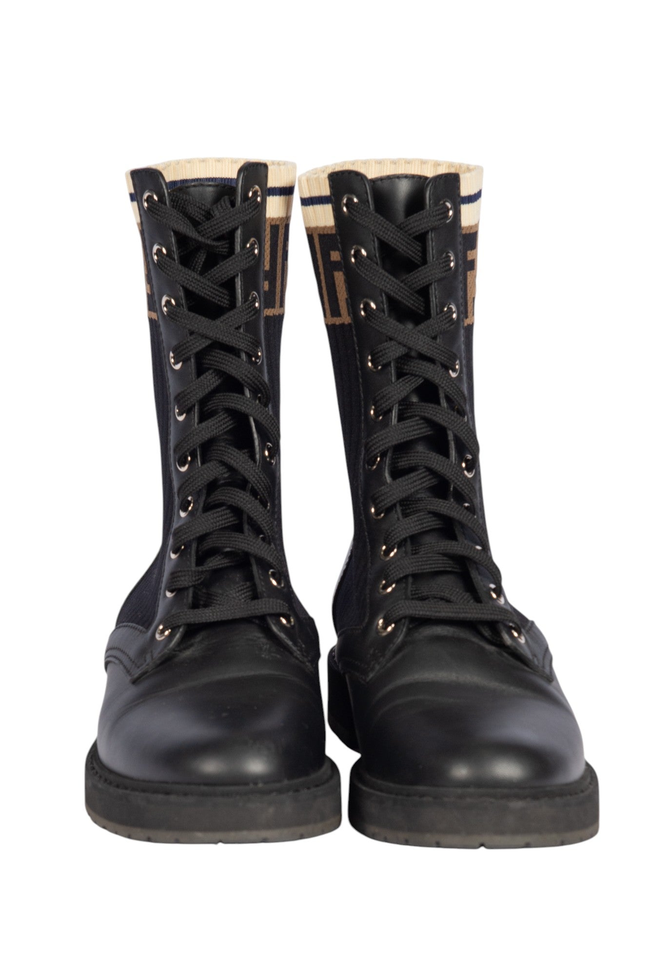FENDI Zucca FF Logo Leather Combat Boots 8.5