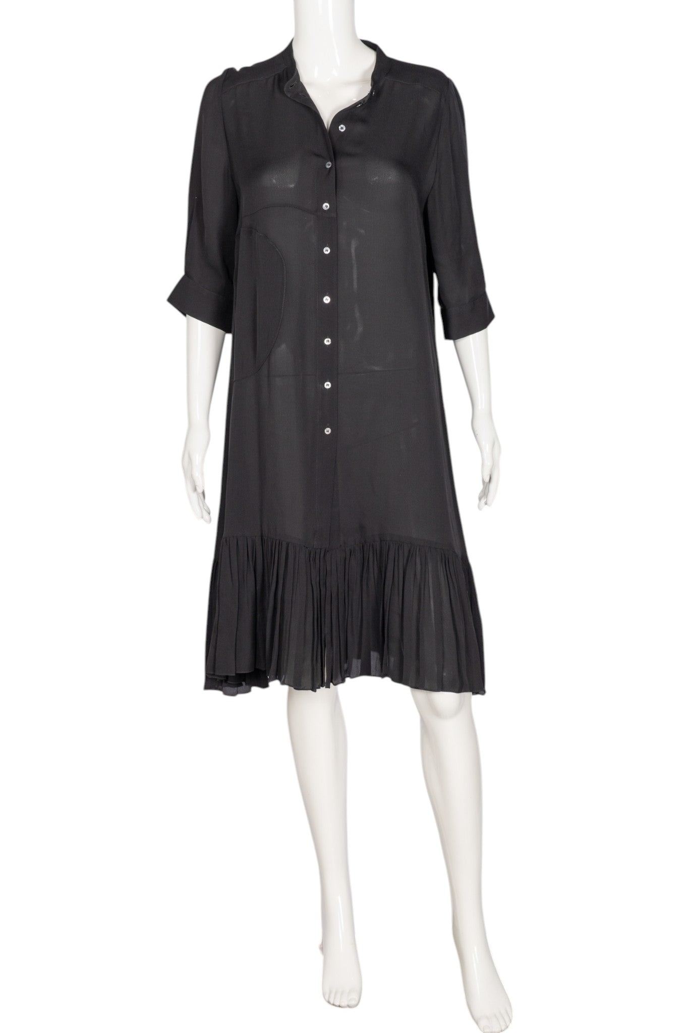 MORGANE LE FAY Black Silk Pleated Knee-Length Shirtdress Size S