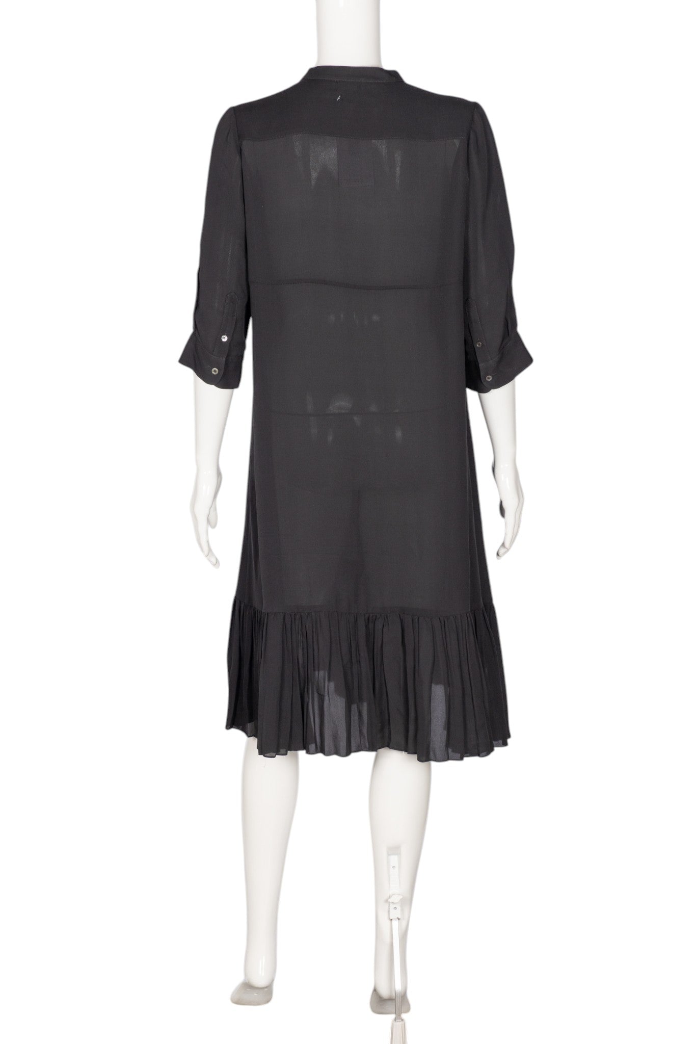 MORGANE LE FAY Black Silk Pleated Knee-Length Shirtdress Size S