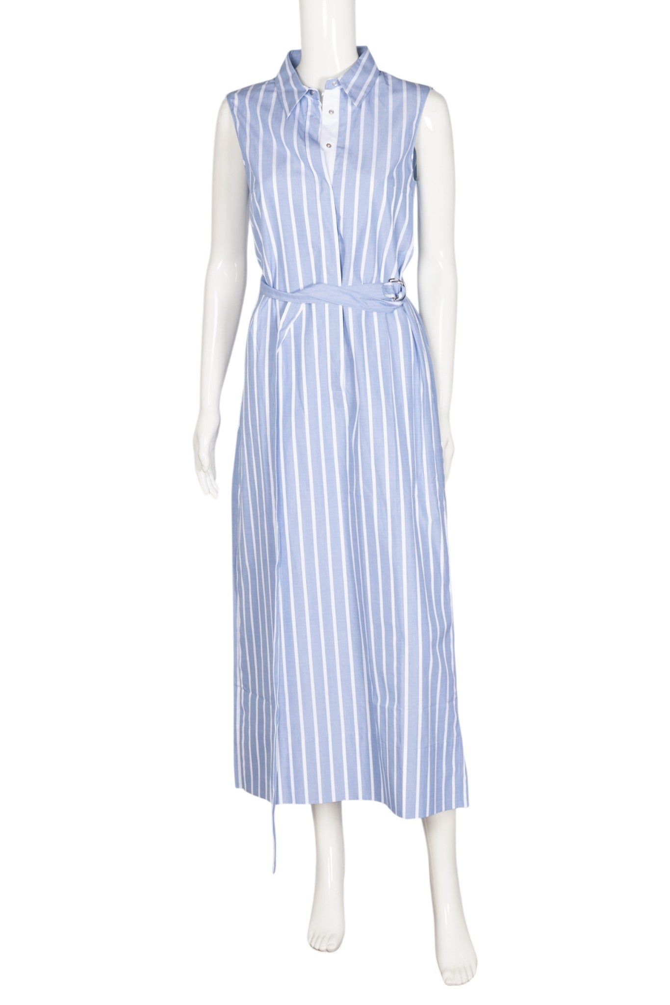 AKRIS PUNTO Blue Striped Cotton Belted Midi Shirtdress Size M