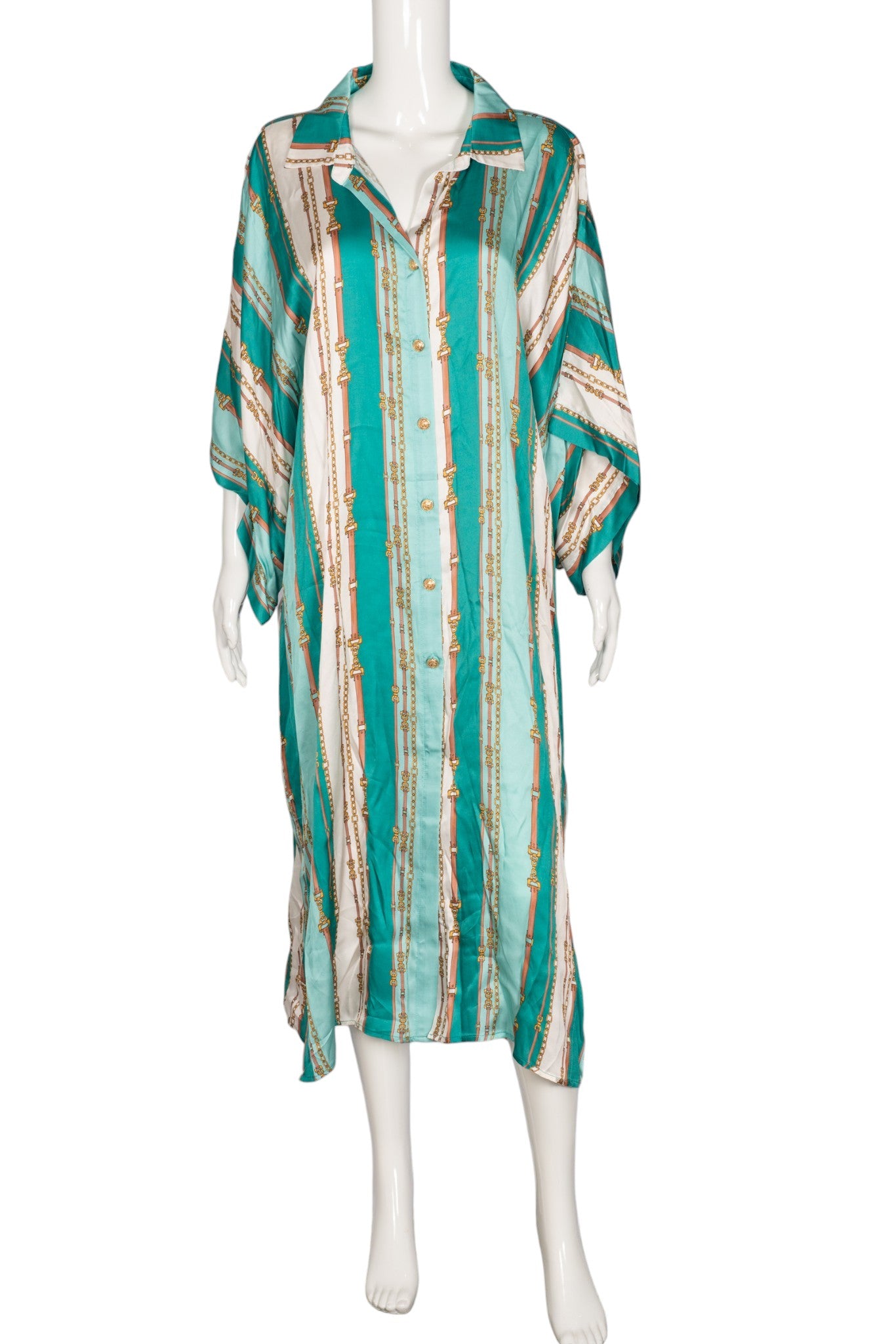 L'AGENCE Teal Green Satin Stripe Maxi Cover-Up Shirtdress Size Small