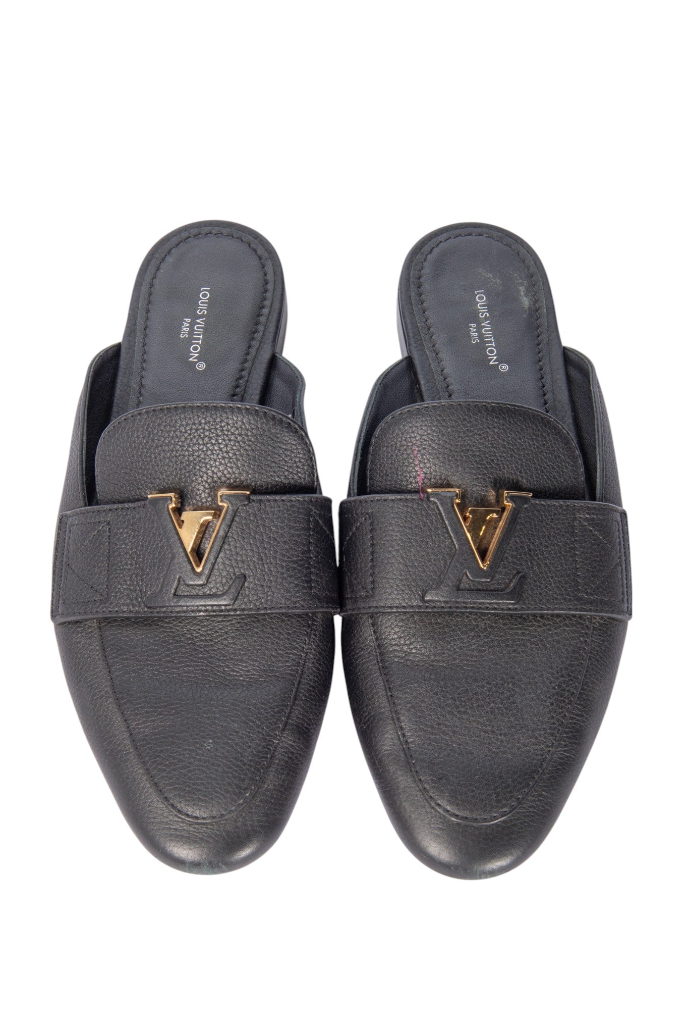 LOUIS VUITTON Black Leather LV Mare Open Back Loafers Size 37