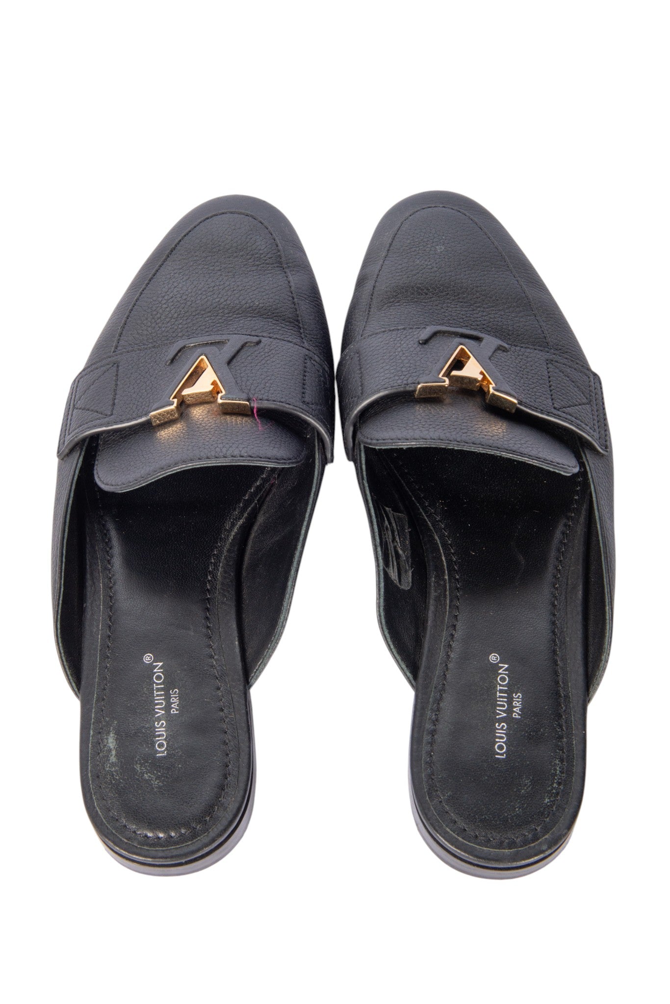 LOUIS VUITTON Black Leather LV Mare Open Back Loafers Size 37
