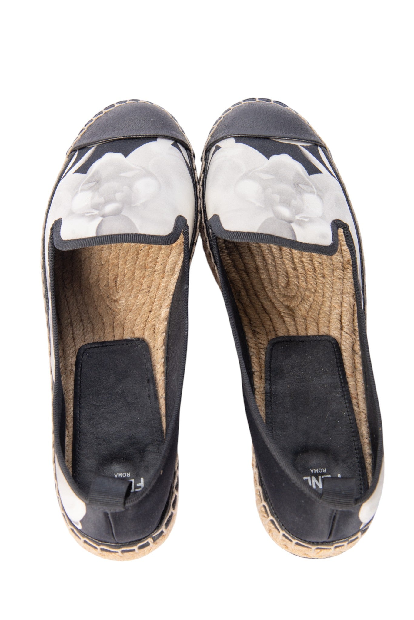 FENDI Black Satin Floral Print Espadrilles Size 38