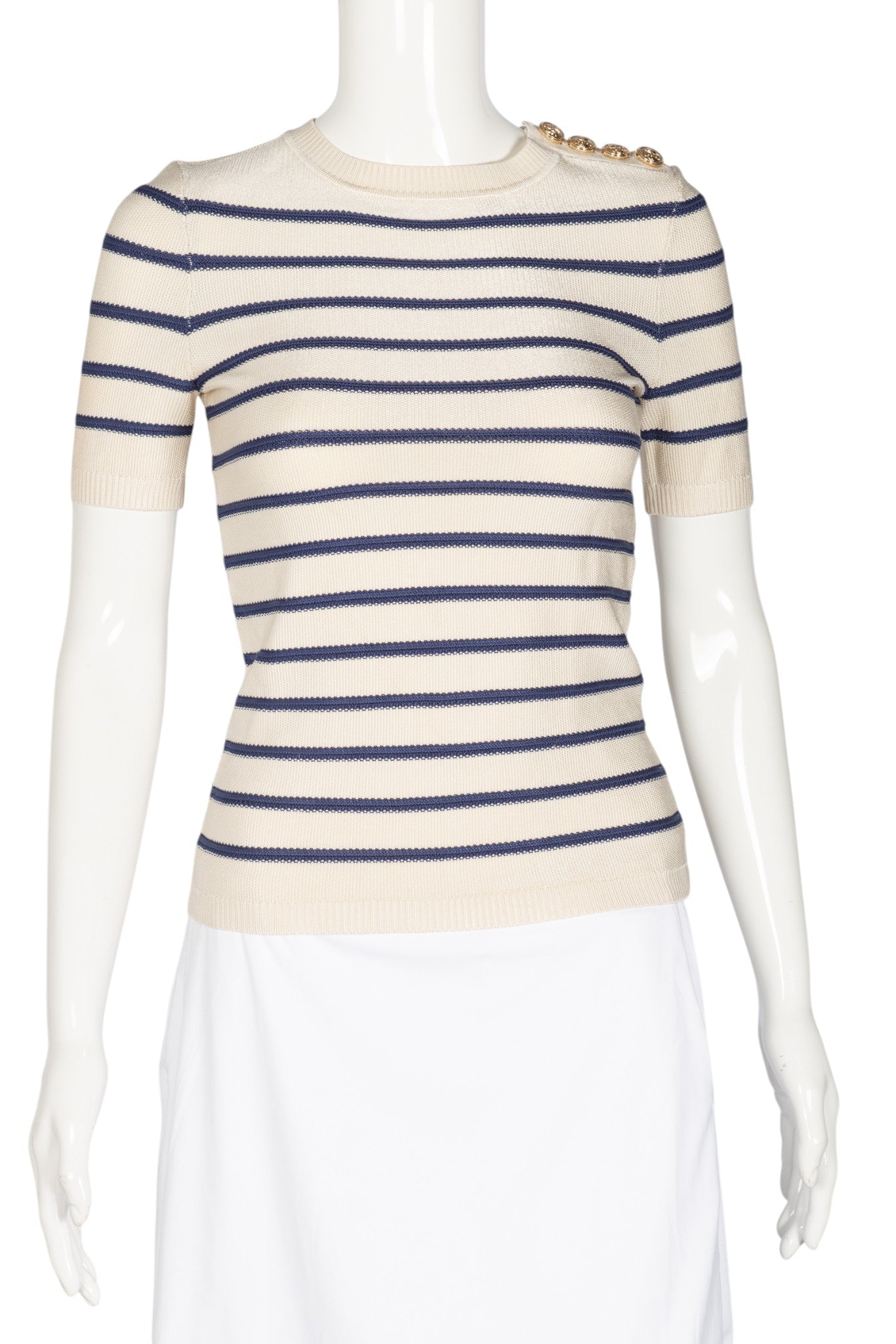 ZIMMERMANN White Navy Striped Knit Short Sleeve Top Gold Button Shoulder Size M