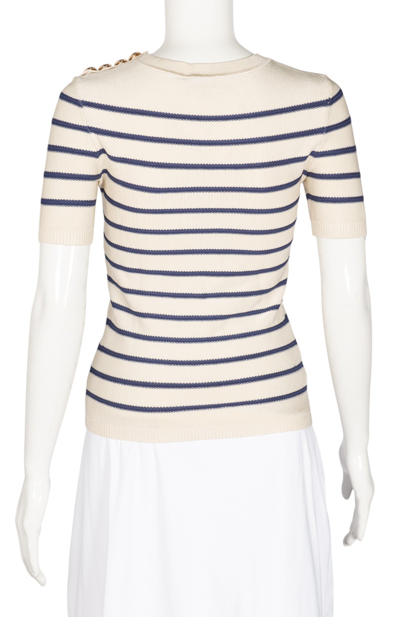 ZIMMERMANN White Navy Striped Knit Short Sleeve Top Gold Button Shoulder Size M