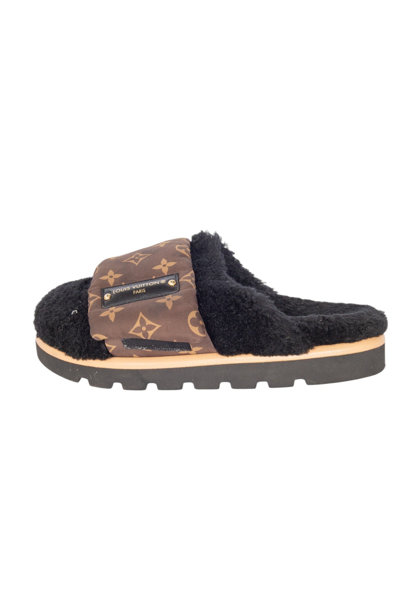 LOUIS VUITTON Black Sherpa Pillow Comfort Logo Mules Size 37