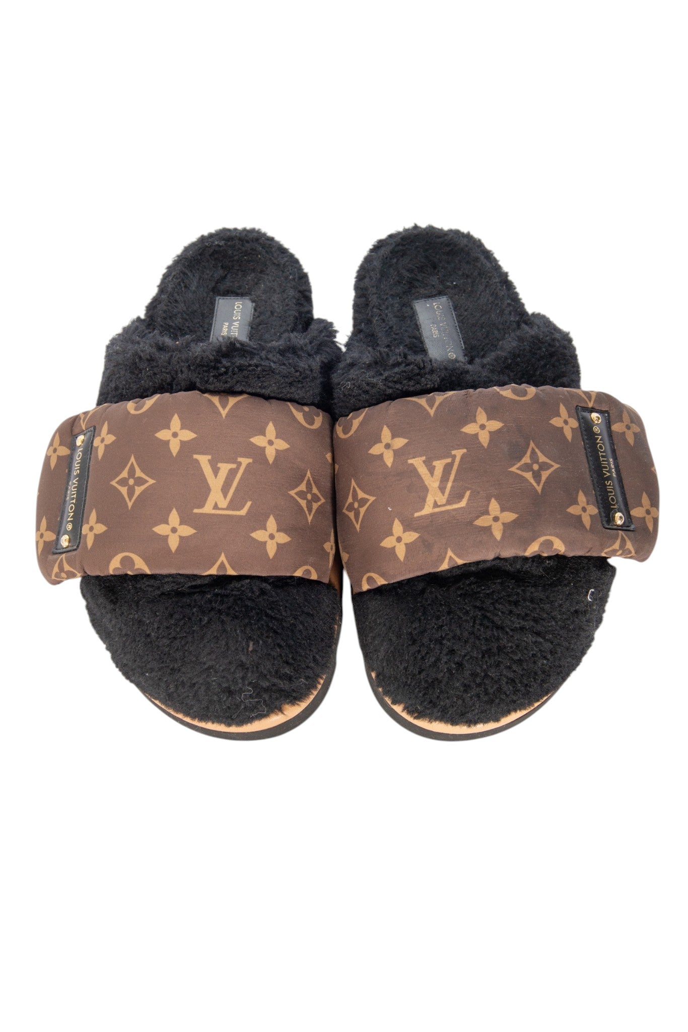 LOUIS VUITTON Black Sherpa Pillow Comfort Logo Mules Size 37