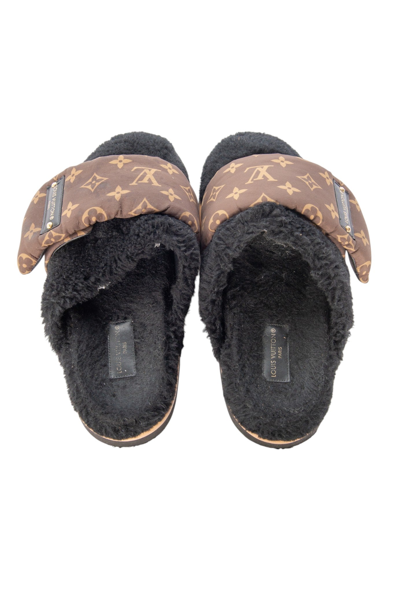 LOUIS VUITTON Black Sherpa Pillow Comfort Logo Mules Size 37