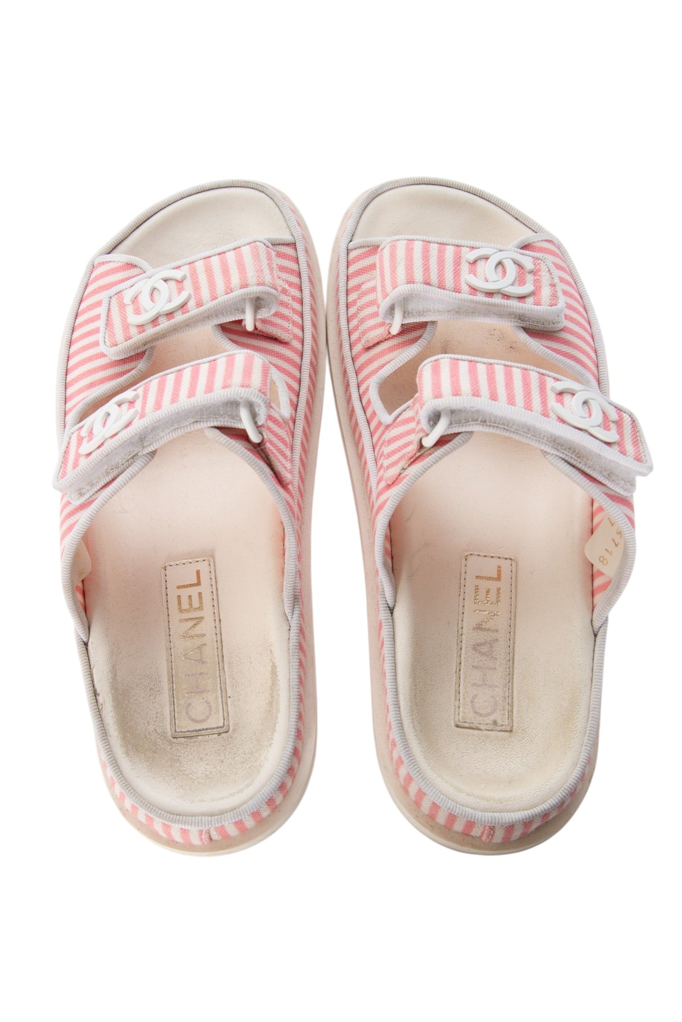 CHANEL Pink and White Striped CC Logo Sandals Size 37