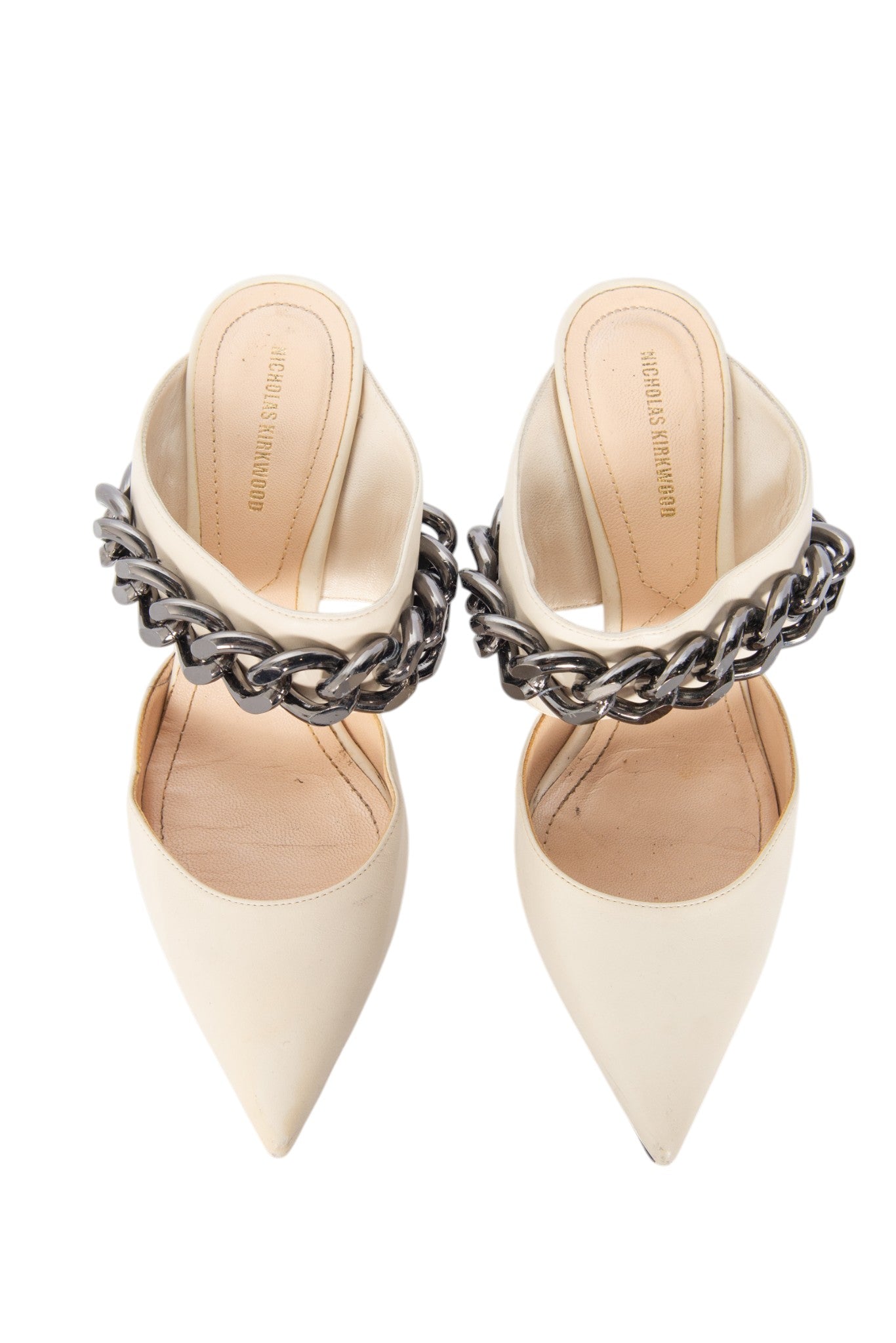 NICHOLAS KIRKWOOD Ivory Leather Chained Pointy Toe Mule Heels Size 37