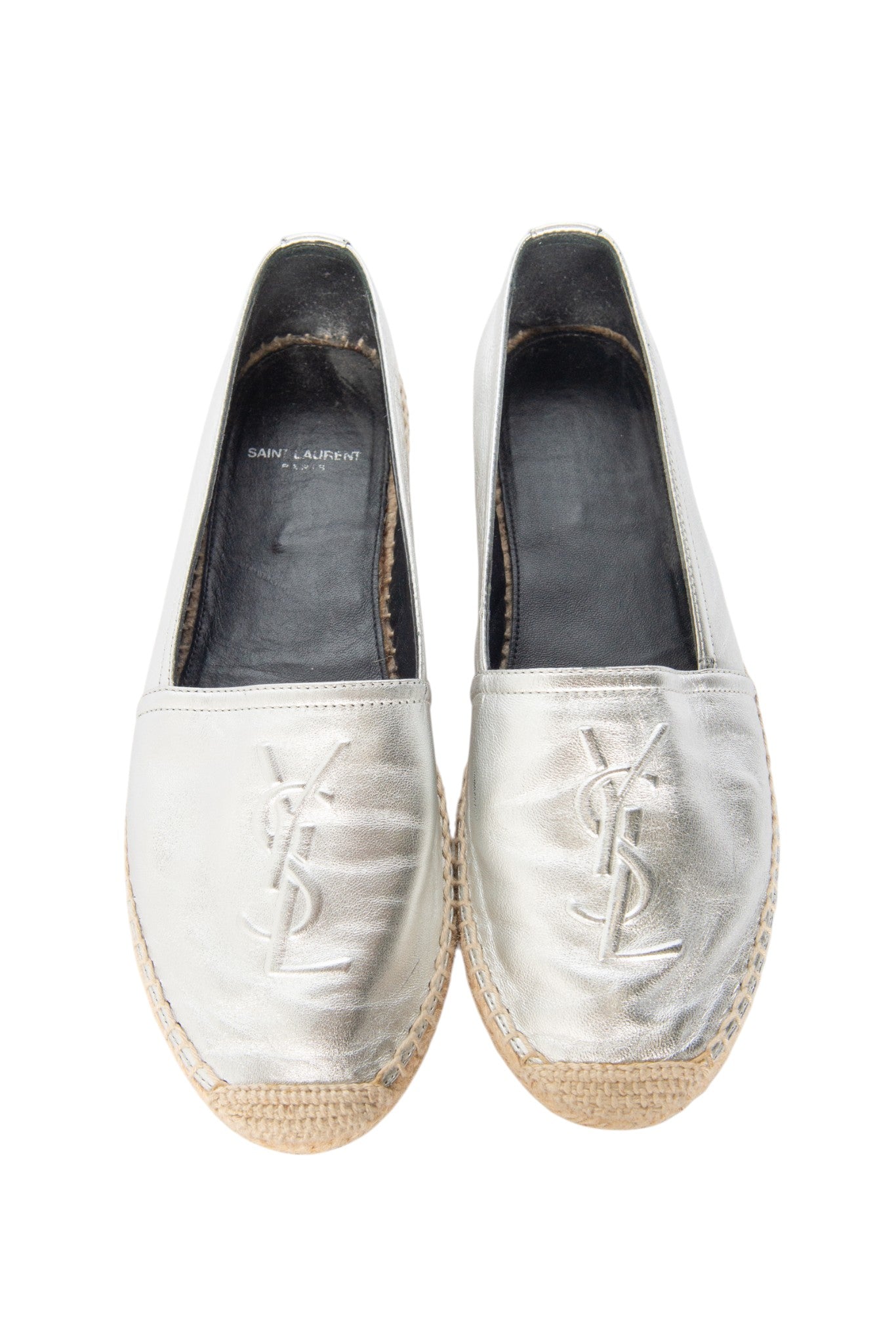 SAINT LAURENT Metallic Leather Monogram Espadrilles Size 37