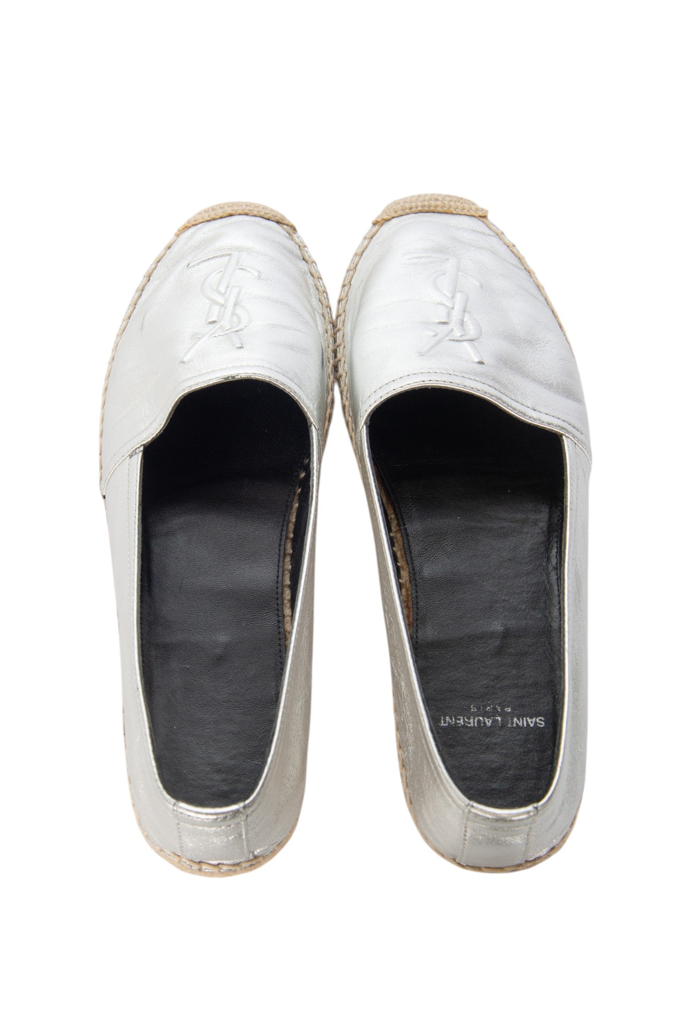 SAINT LAURENT Metallic Leather Monogram Espadrilles Size 37