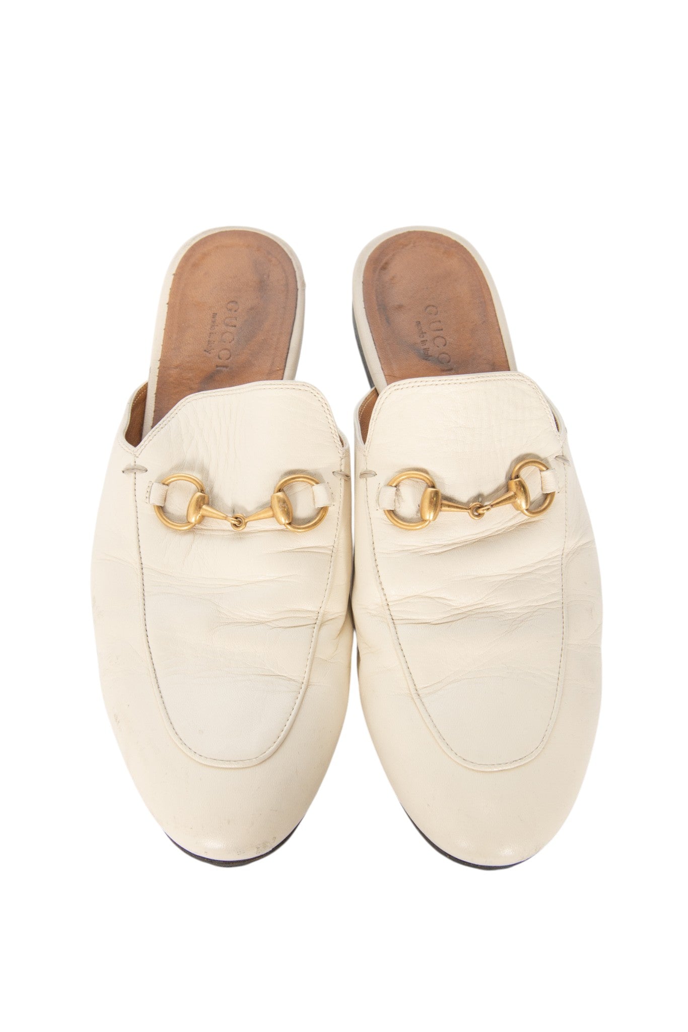 GUCCI White Leather Horsebit Mule Loafers Size 37.5