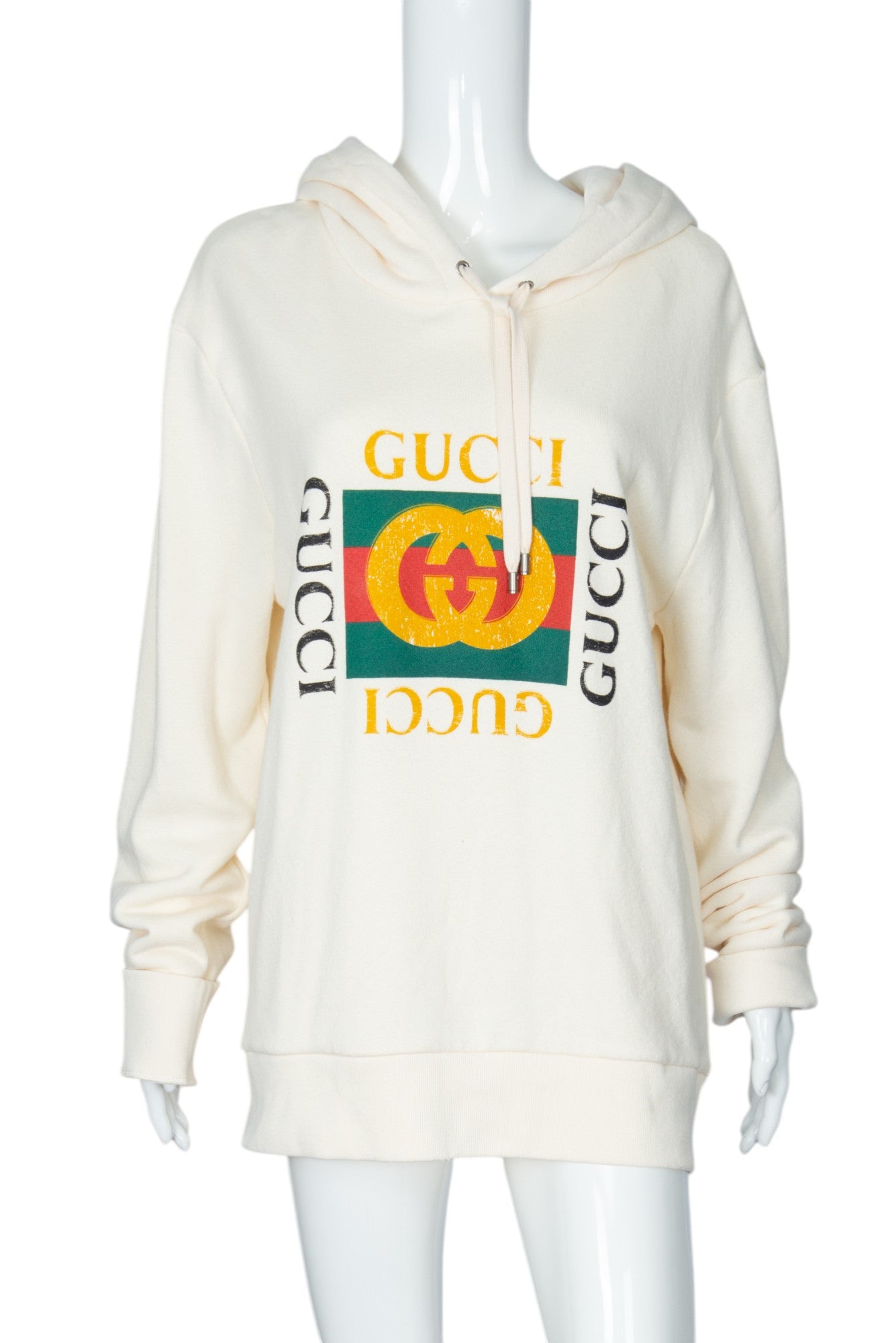 GUCCI Cream Cotton GG Logo Print Hoodie Sweater Size XL