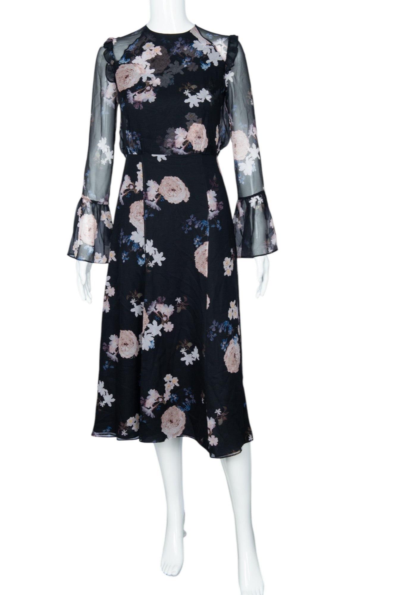 ERDEM Navy Silk Chiffon Floral Print Midi Dress Size 2