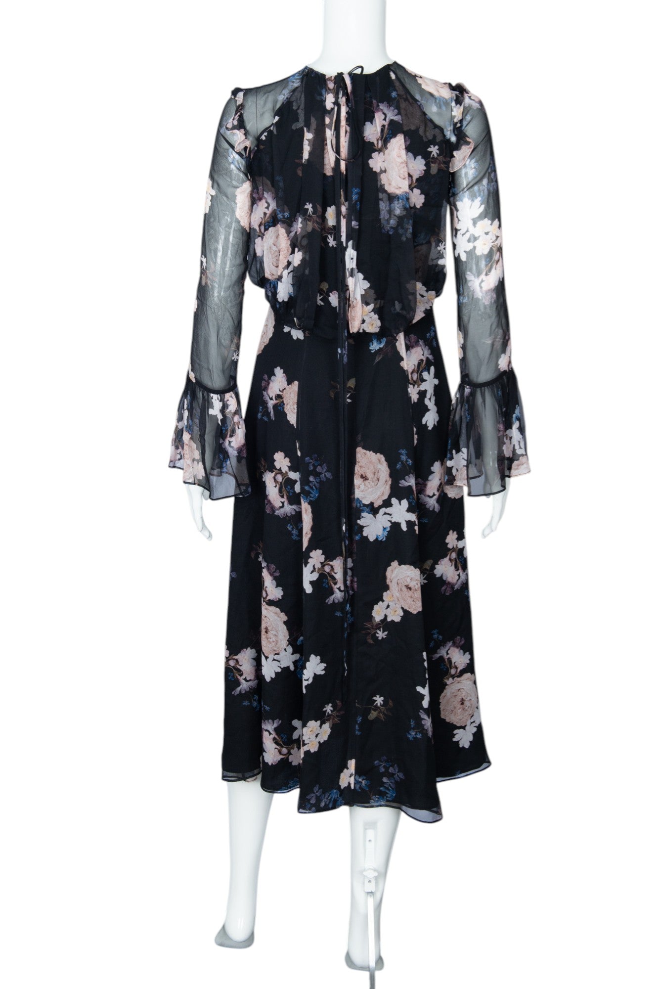 ERDEM Navy Silk Chiffon Floral Print Midi Dress Size 2