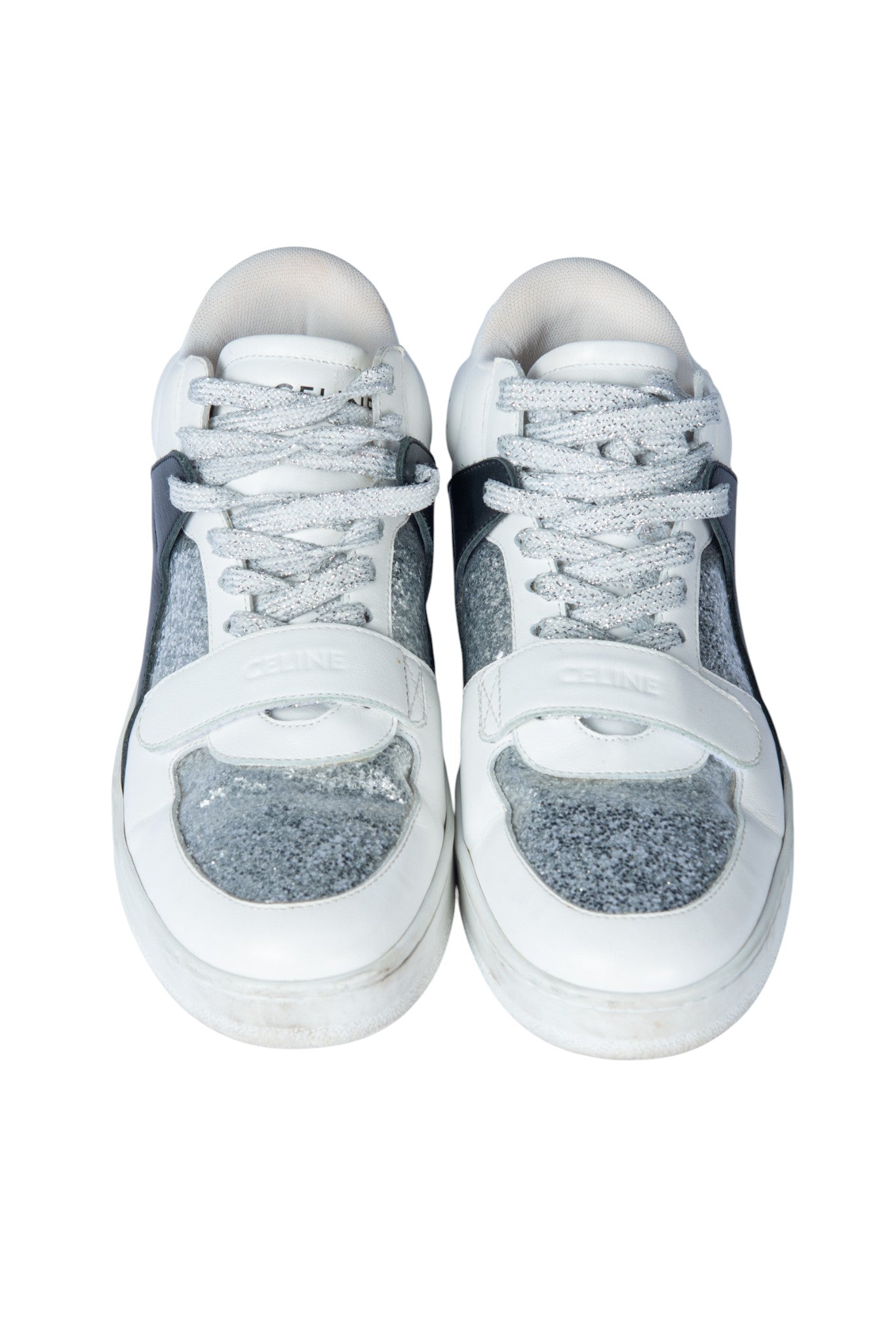 CELINE White Leather Glitter Mid Top Sneakers Size 37