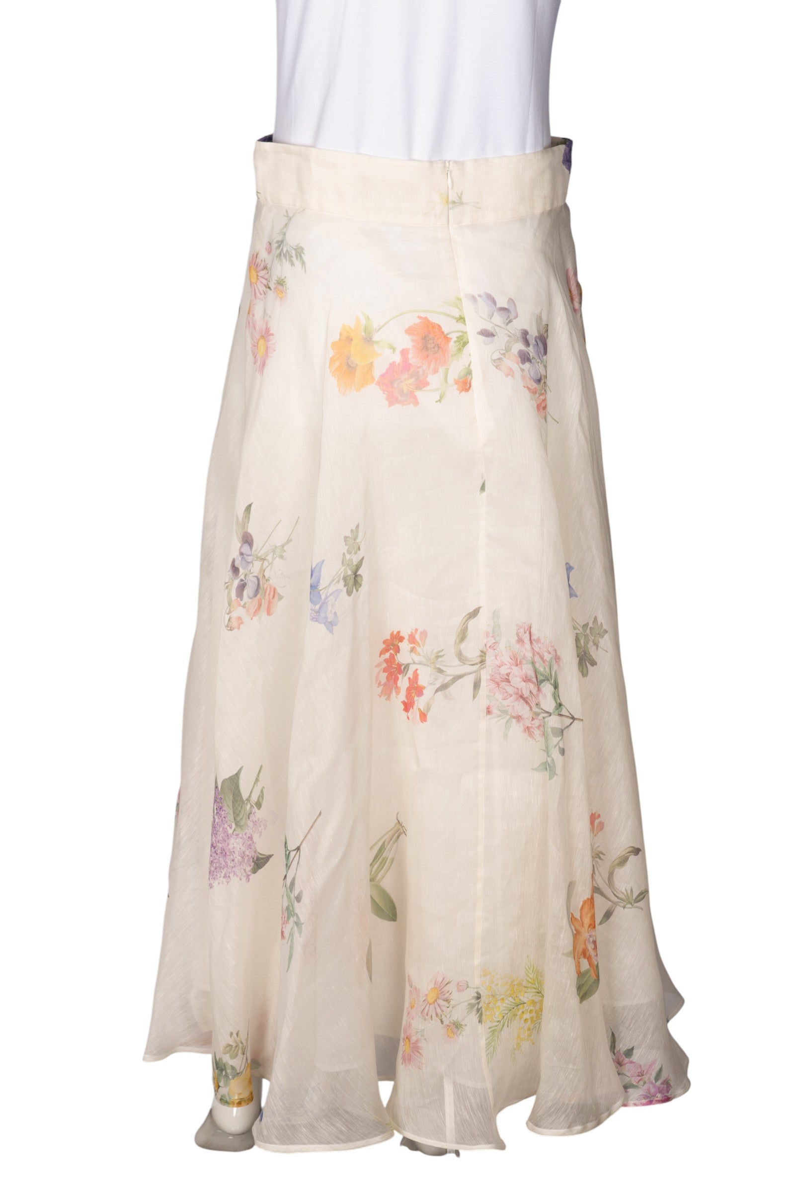 ZIMMERMANN White Linen and Silk-Blend Floral-Print Maxi Skirt Size L