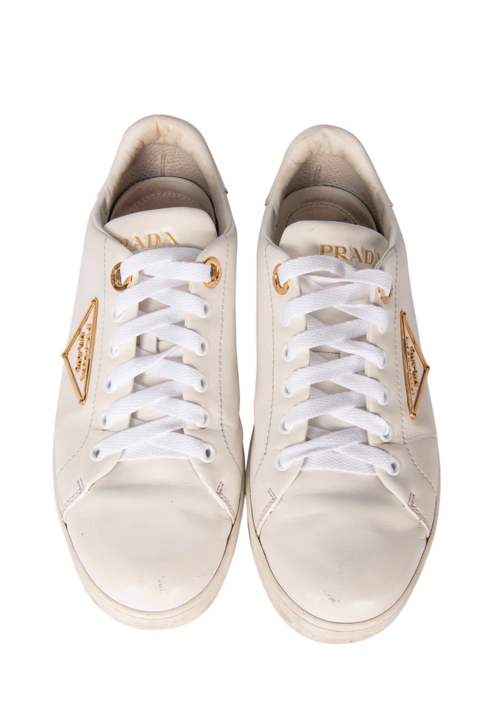 PRADA White Leather Gold Triangle Logo Sneakers Size 37.5